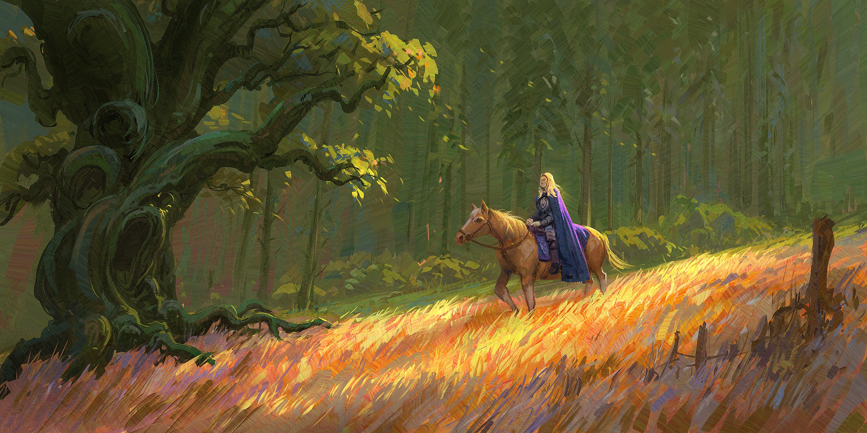 Woman with long blonde hair on horseback in a forest HD Wallpaper