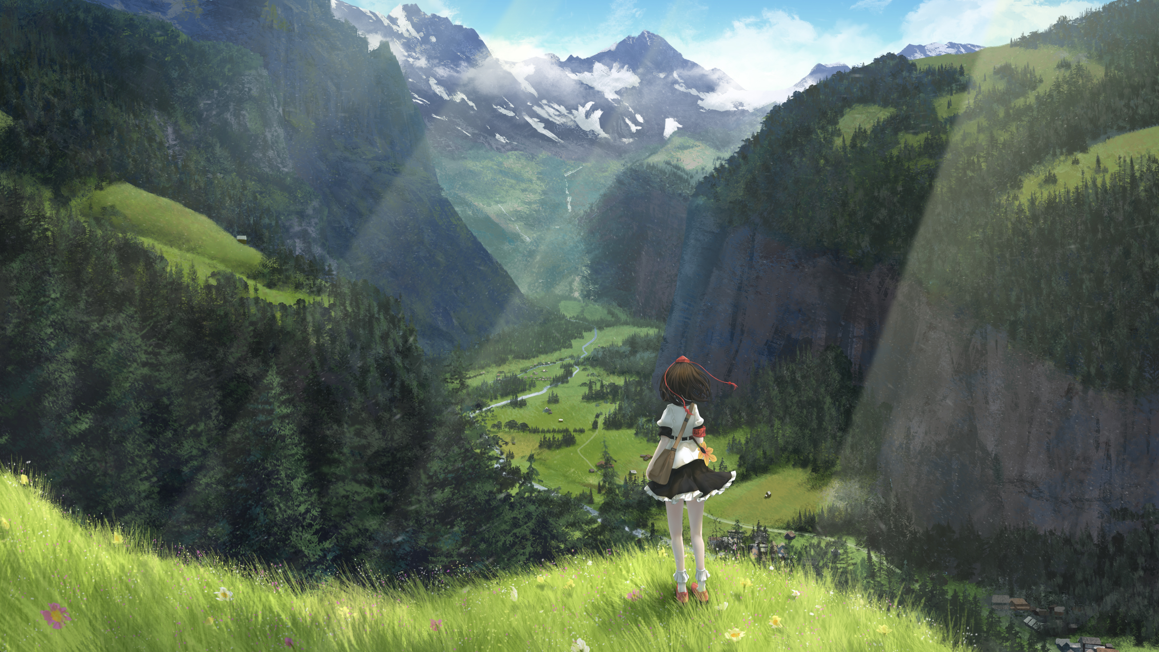 Shameimaru Aya in a scenic mountain valley HD Wallpaper
