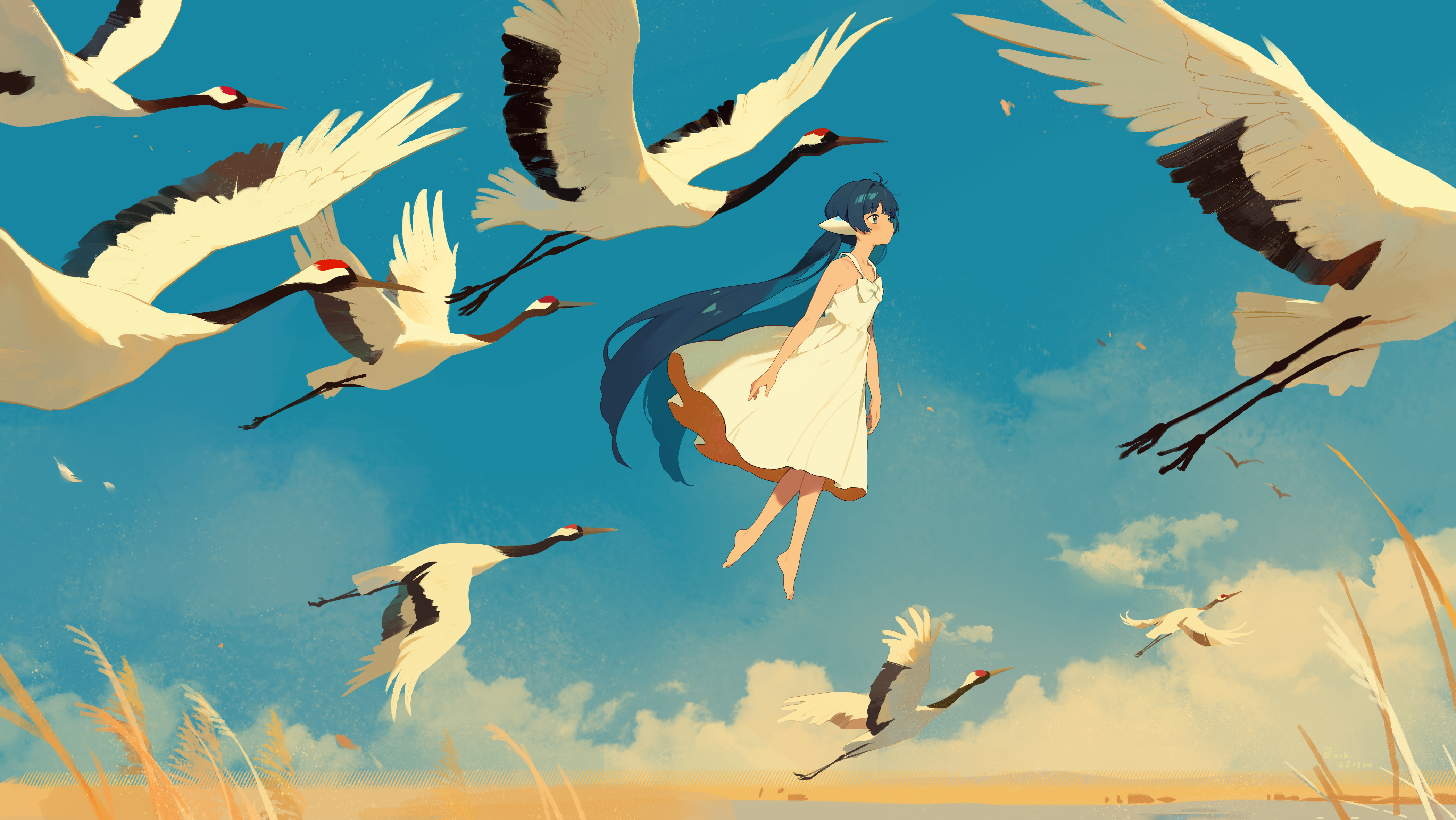 Anime girl with dark blue hair surrounded by cranes HD Wallpaper
