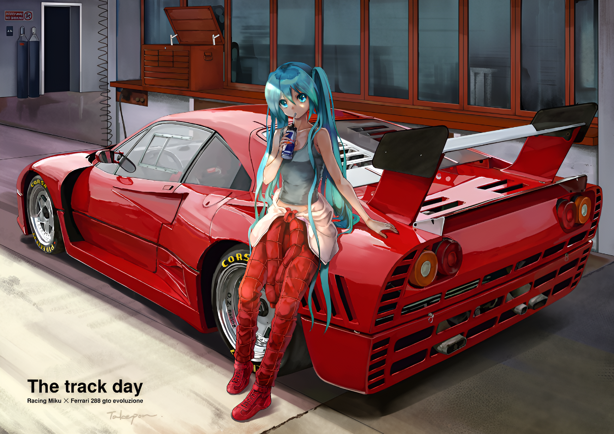 Hatsune Miku with a Ferrari F40 on a track day HD Wallpaper