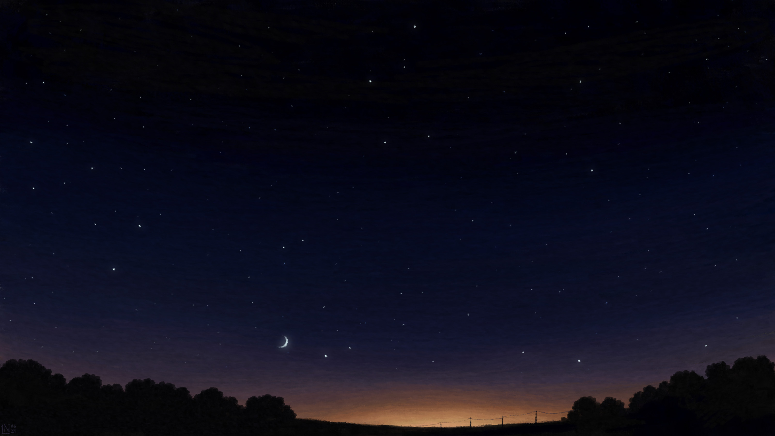 Night sky with crescent moon and stars over trees HD Wallpaper