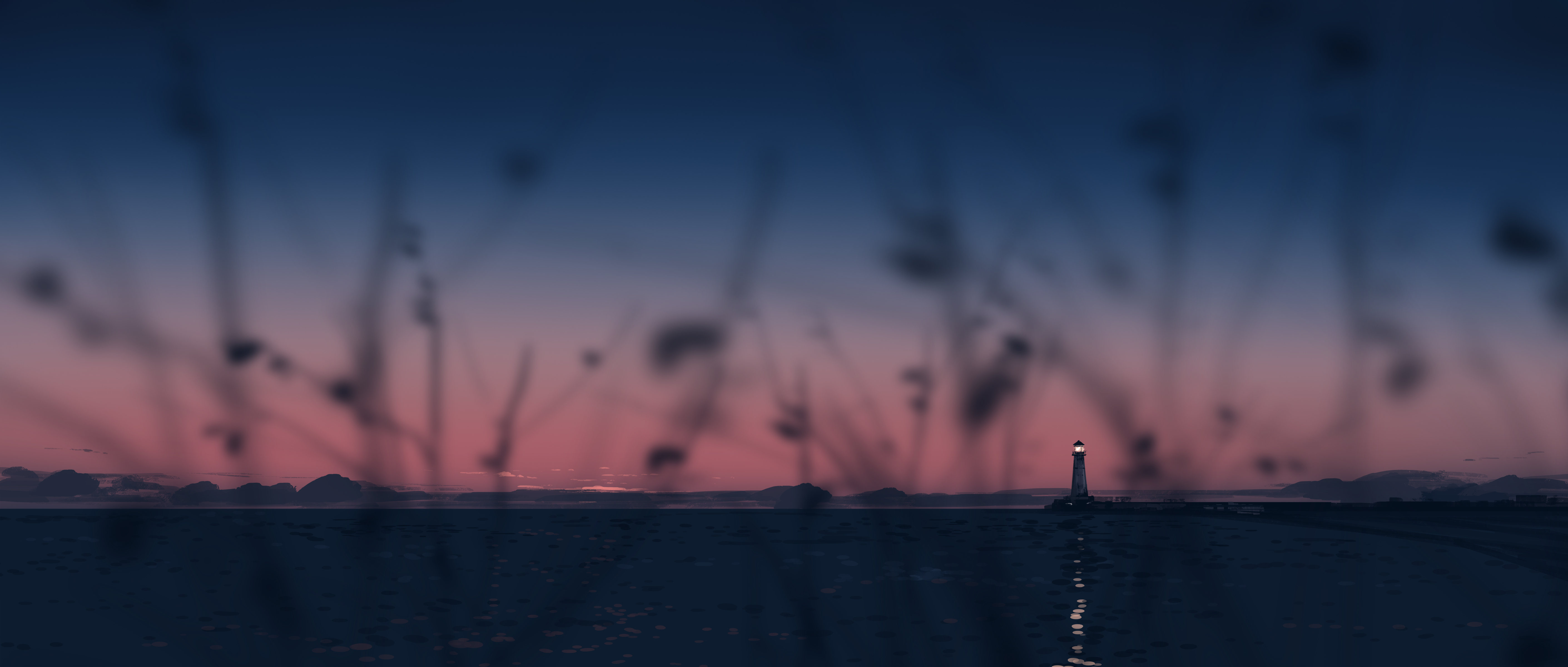 Lighthouse at sunset with reeds in foreground HD Wallpaper