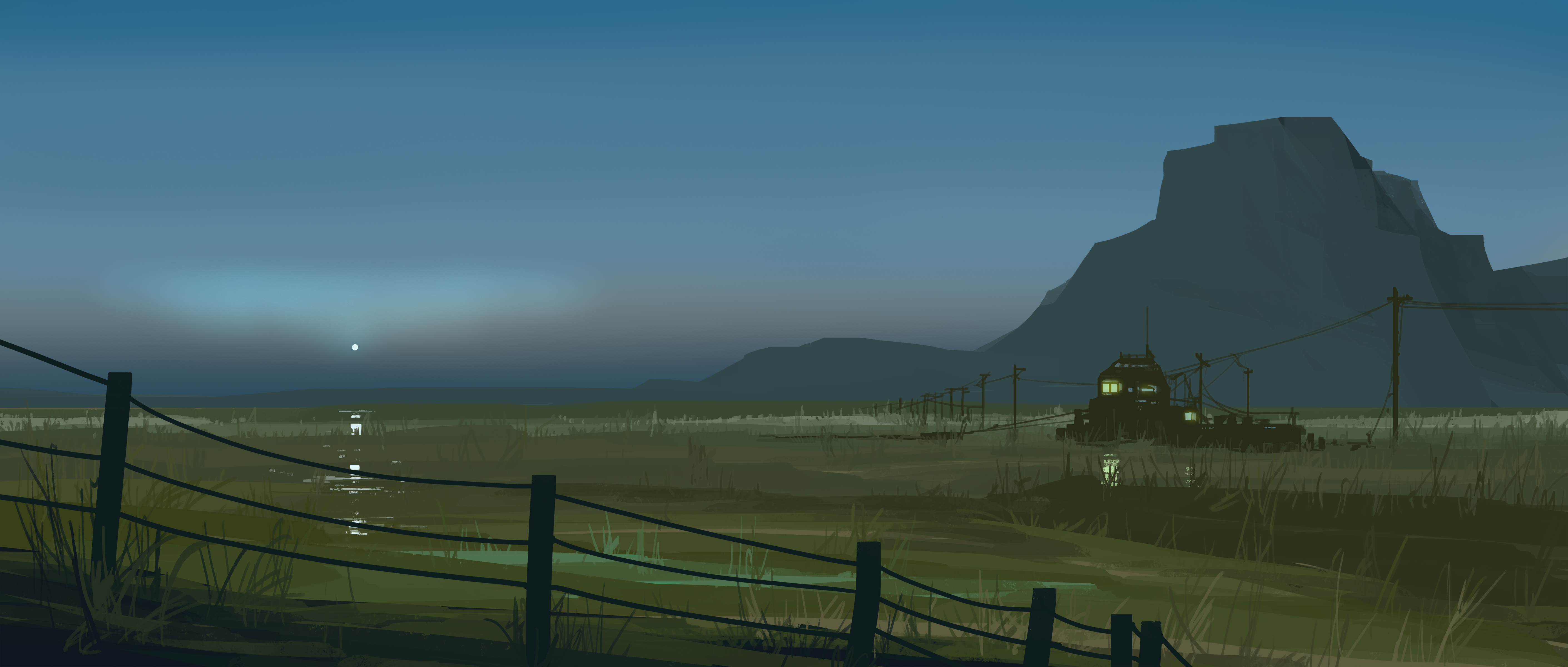 Digital painting of a coastal landscape at dusk HD Wallpaper