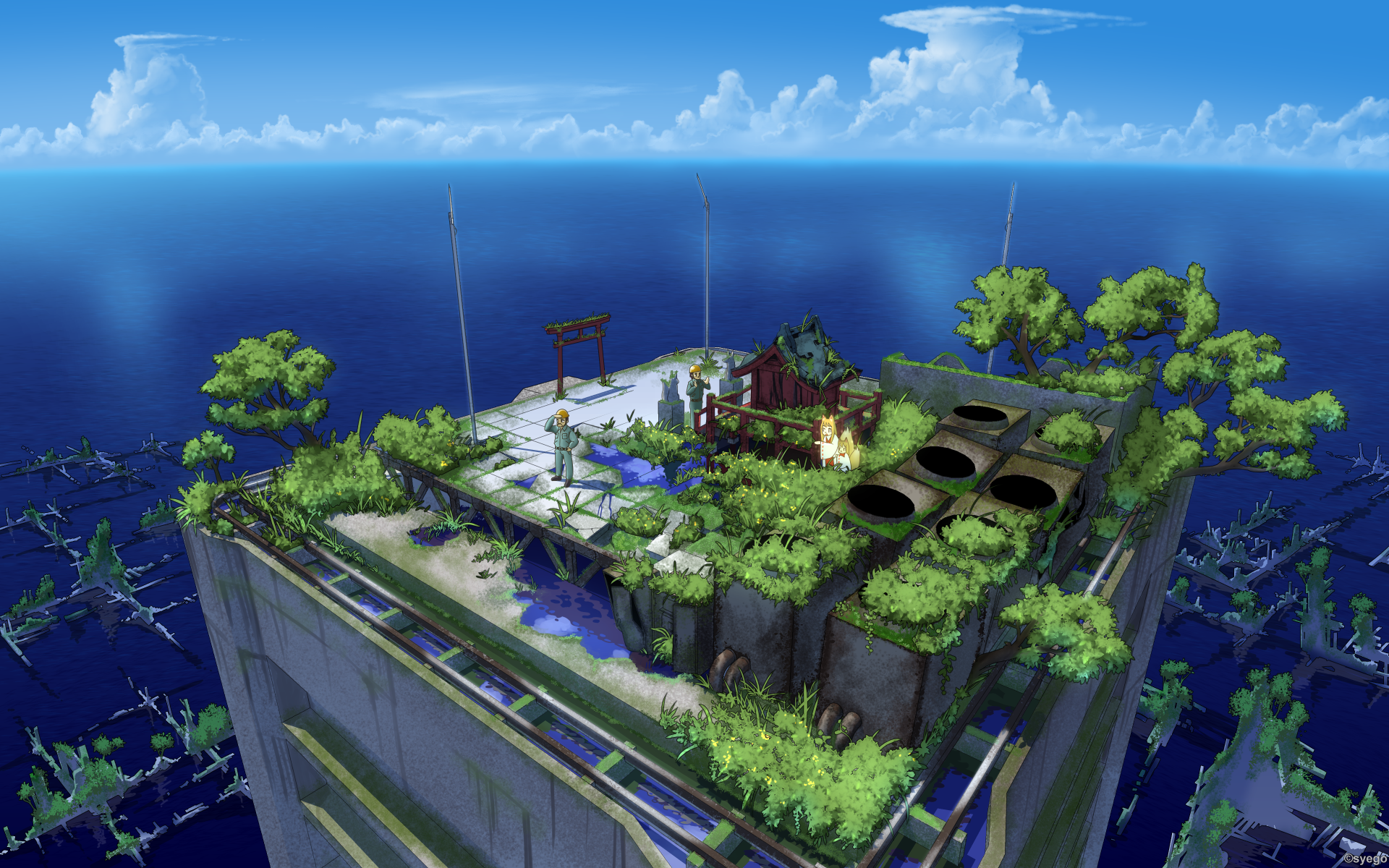 Anime girl on a rooftop garden overlooking the ocean HD Wallpaper