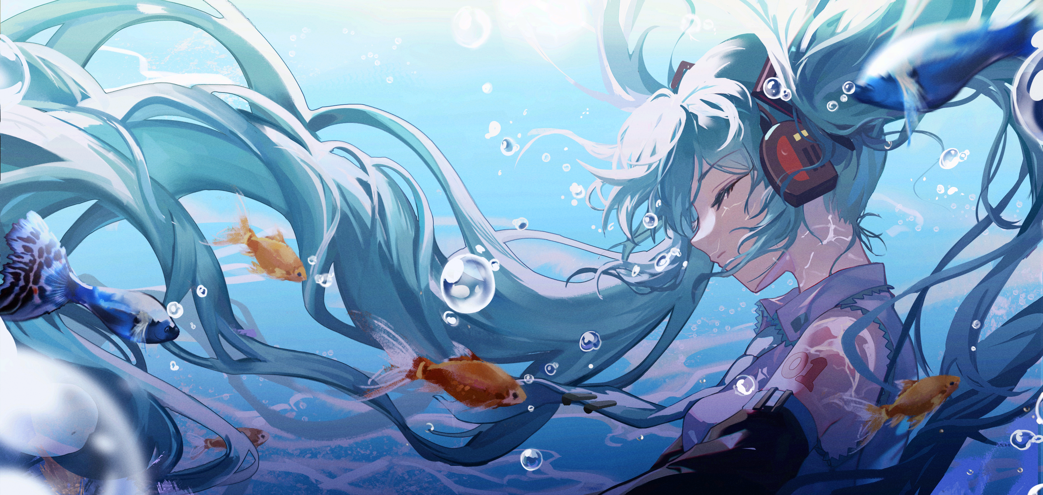Hatsune Miku underwater with goldfish HD Wallpaper