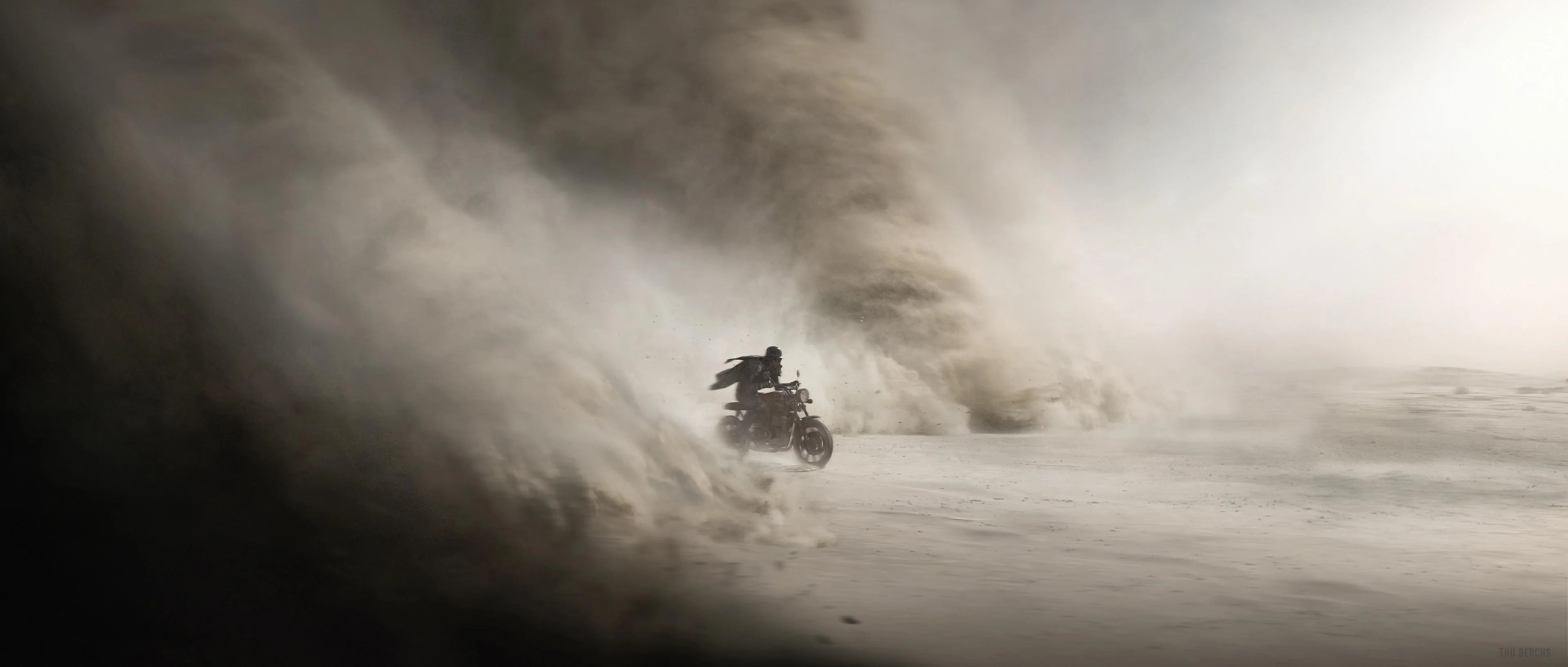 Motorcycle driving through a dust storm HD Wallpaper