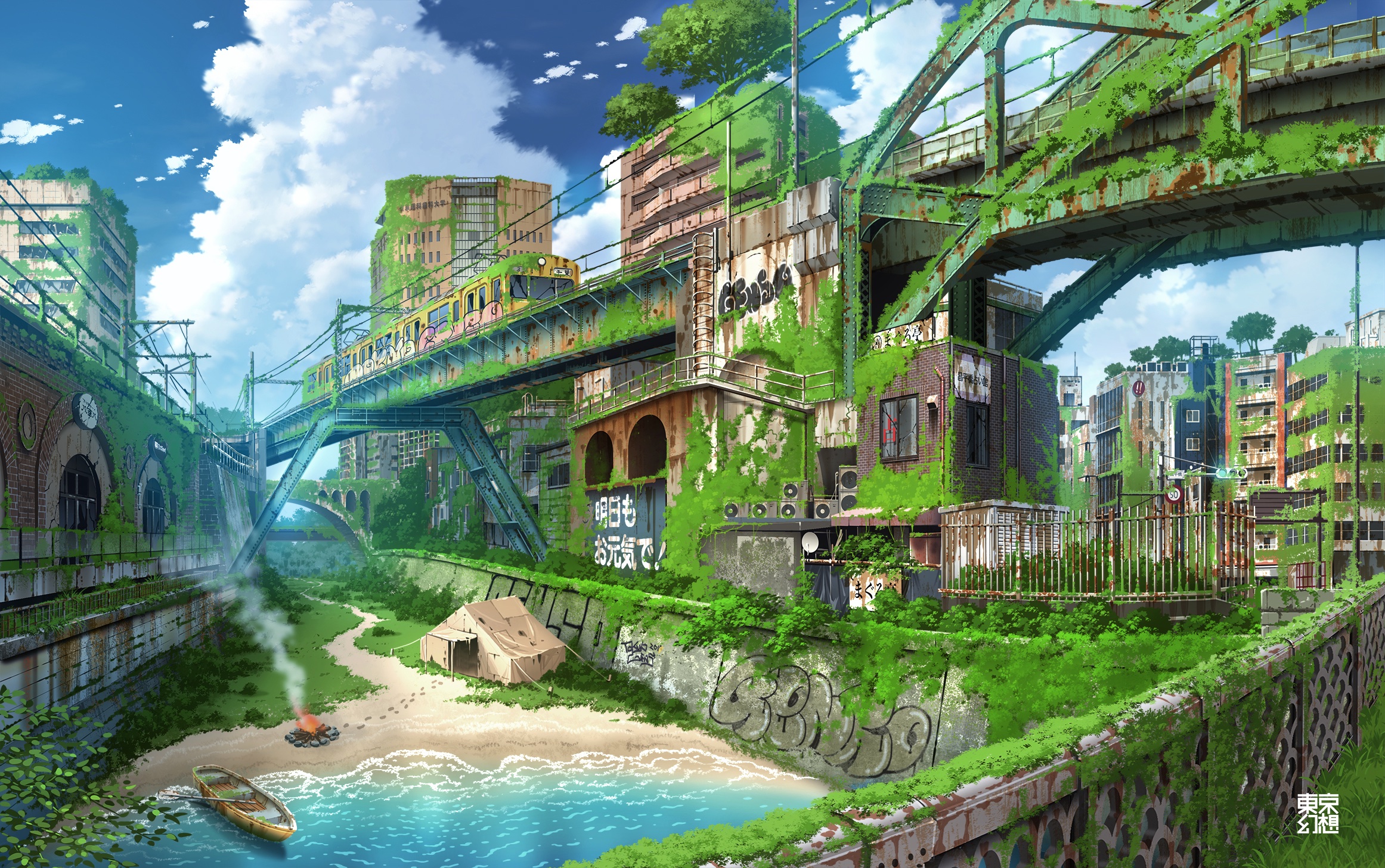 Boat on a river in a post-apocalyptic overgrown city HD Wallpaper