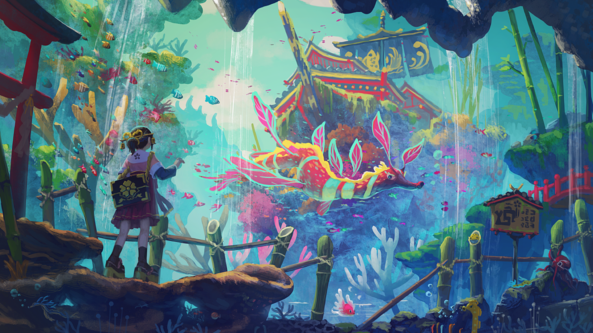 Anime girl observes a fantastical underwater scene with a dragon-like creature HD Wallpaper