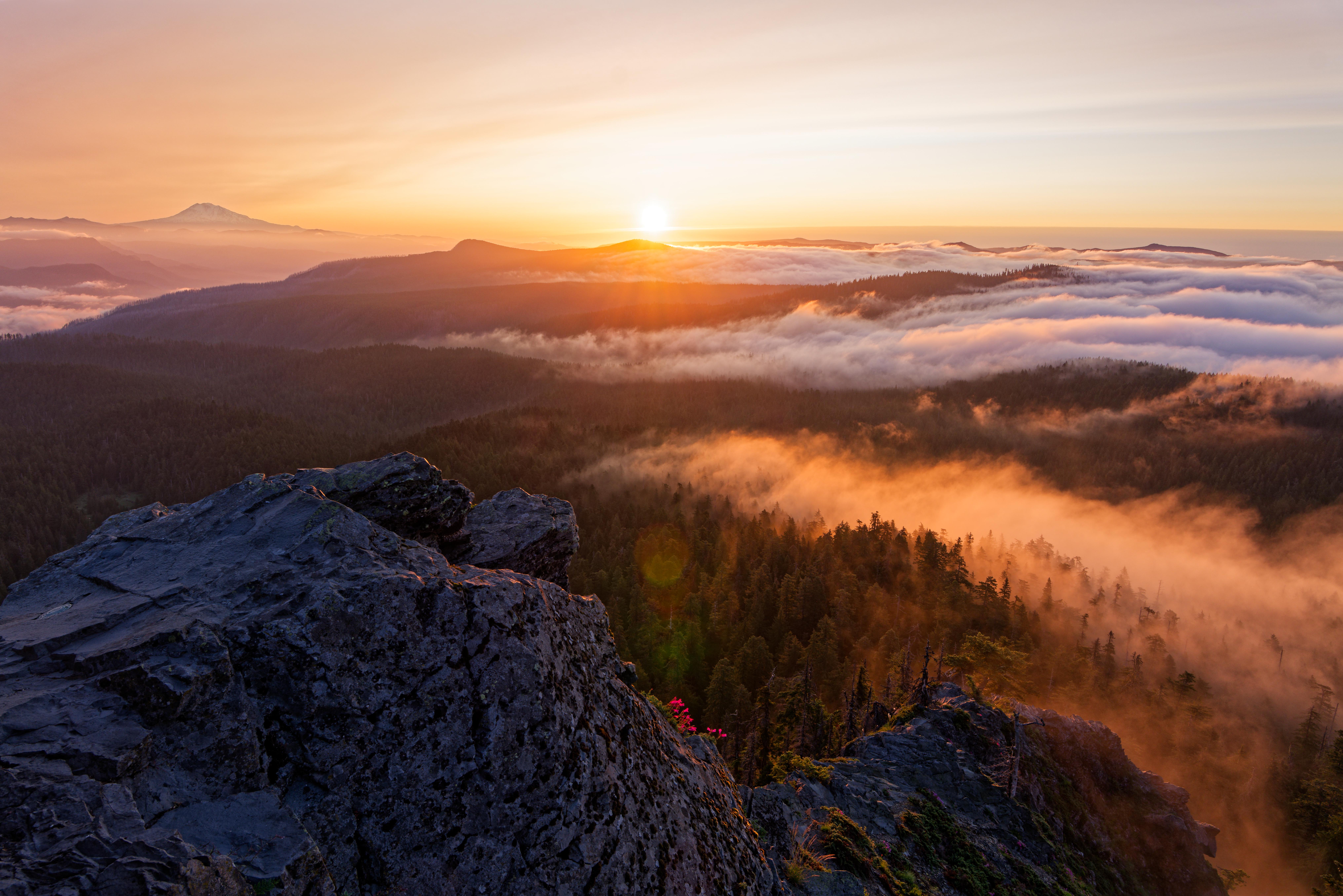 Sunrise over misty mountains and forest with rock foreground HD Wallpaper
