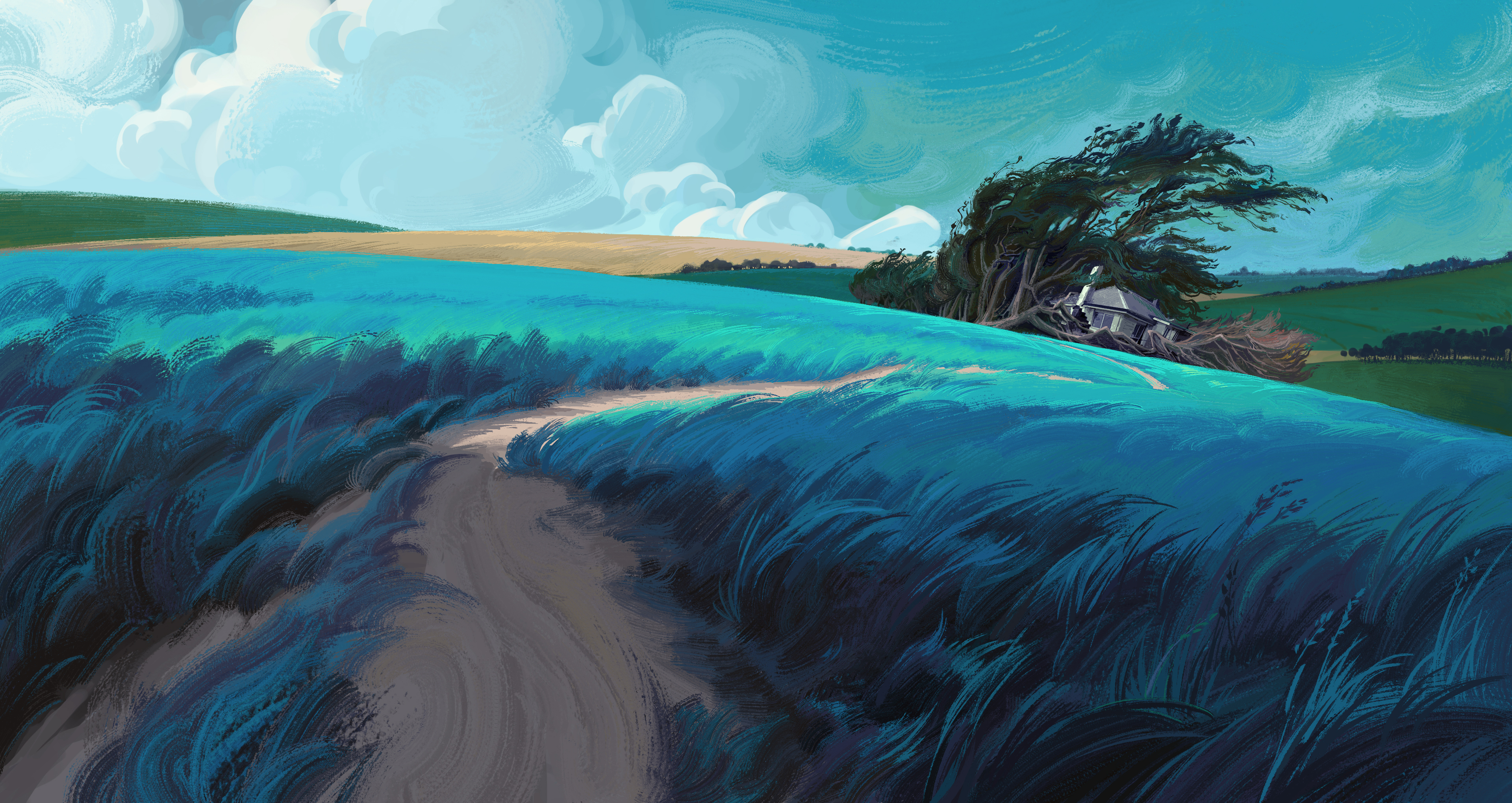 Digital painting of a windswept landscape with a path HD Wallpaper
