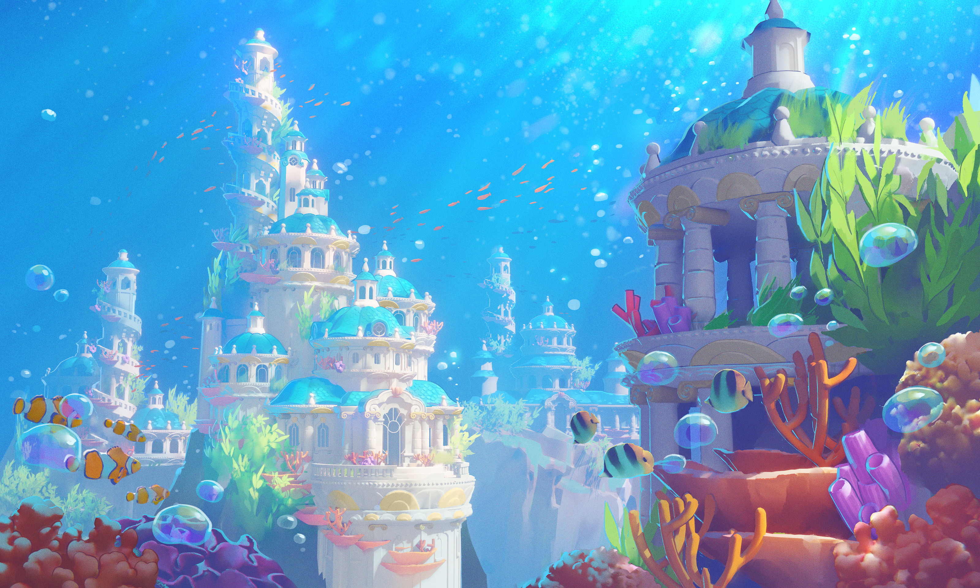 Underwater fantasy city with ornate architecture and marine life HD Wallpaper