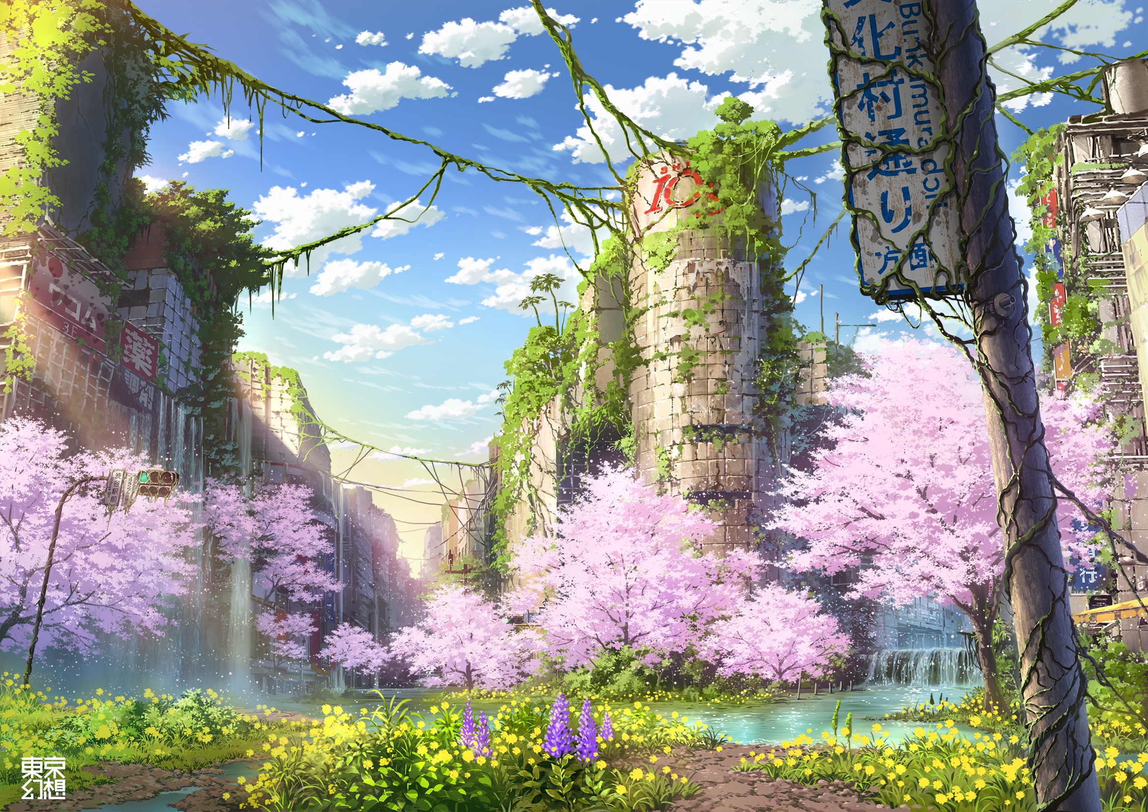 Ruined Japanese Cityscape with Cherry Blossoms and Waterfalls HD Wallpaper