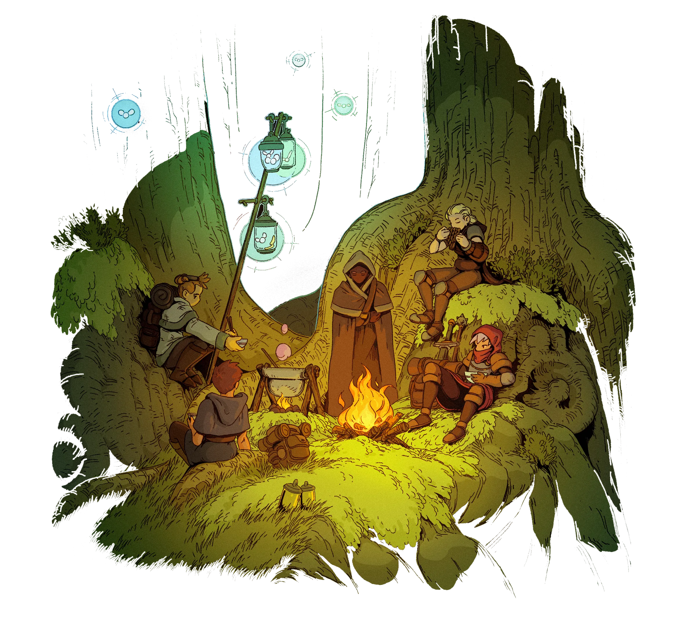 video game art: adventurers around a campfire HD Wallpaper