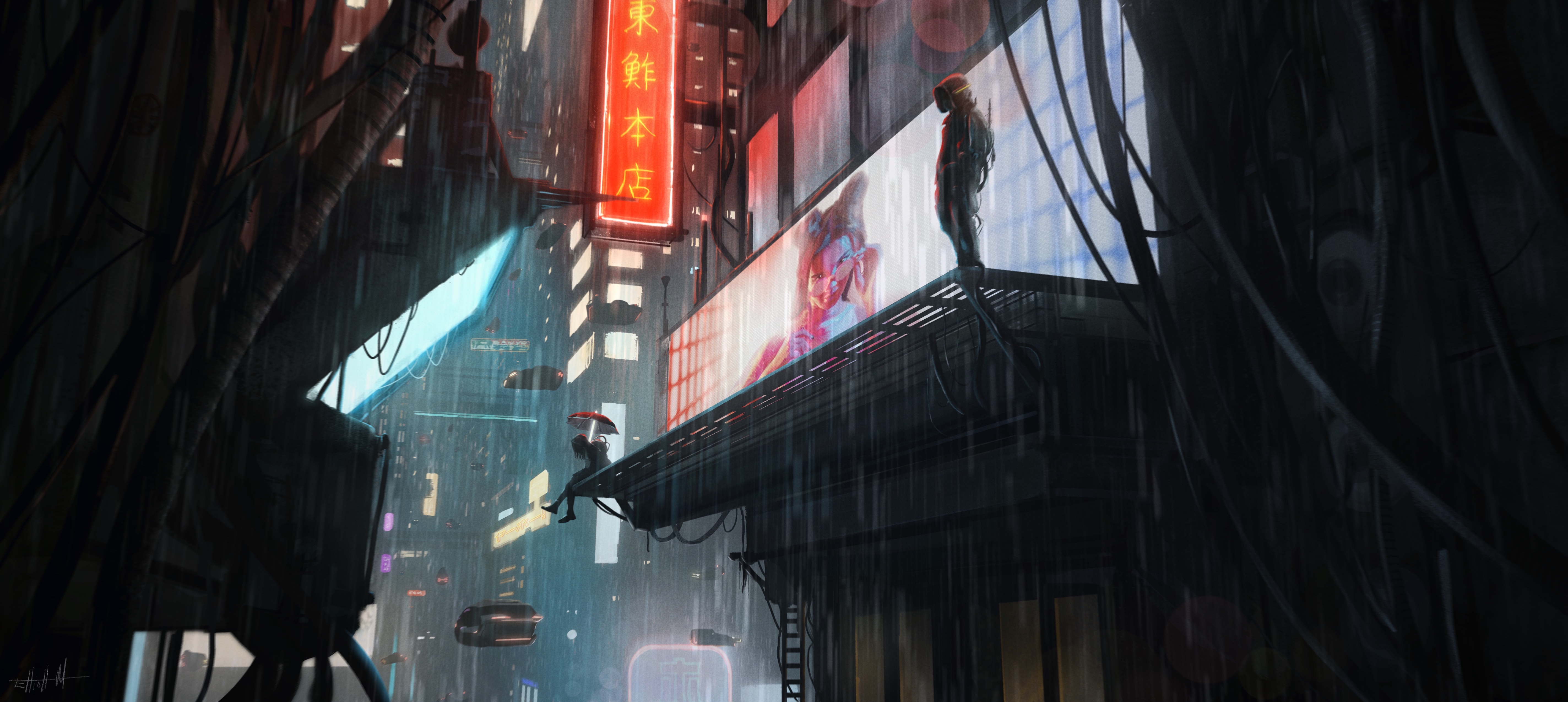 Futuristic city street with flying cars and neon signs HD Wallpaper