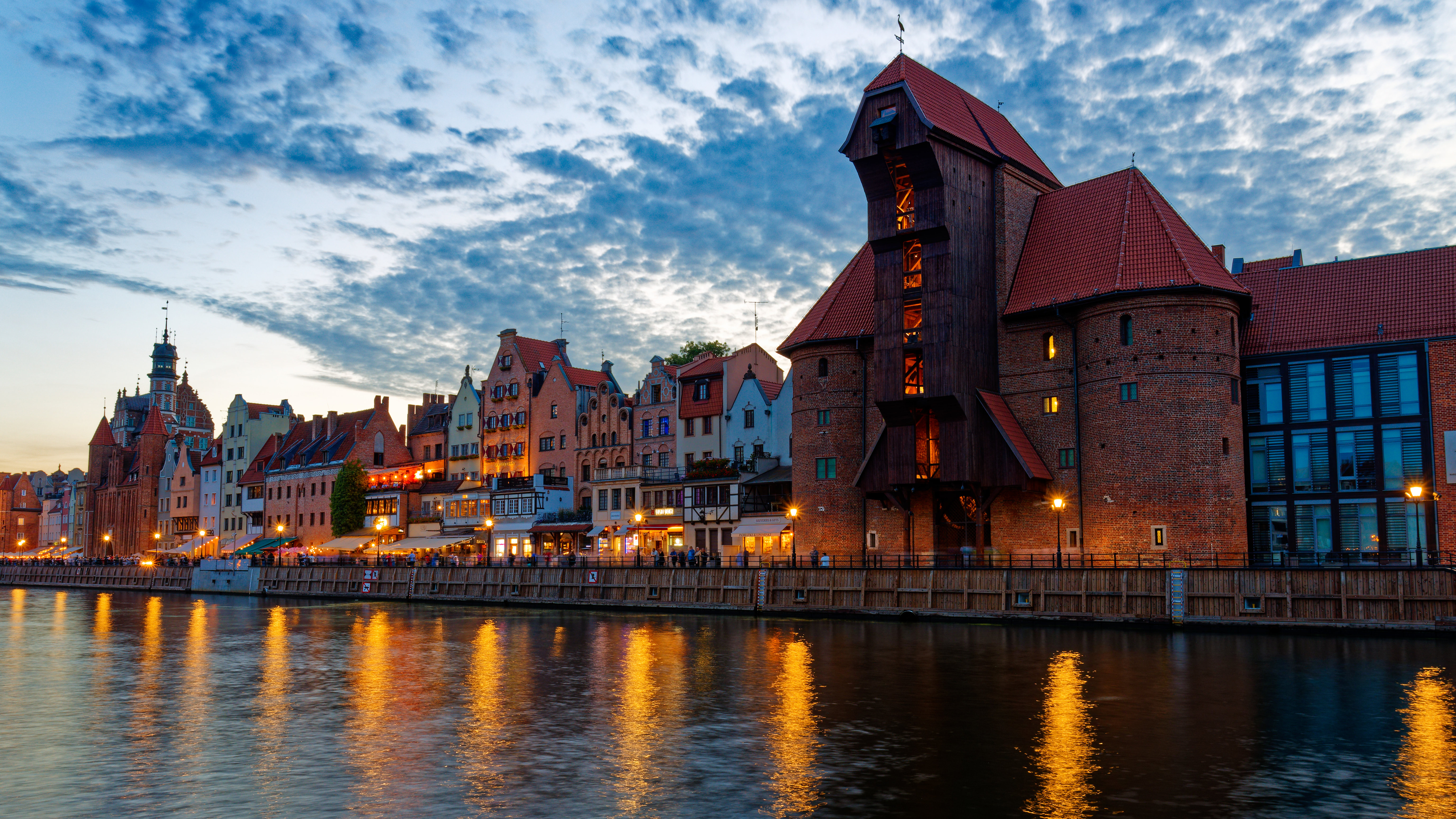 Gdansk Crane and waterfront buildings at dusk HD Wallpaper
