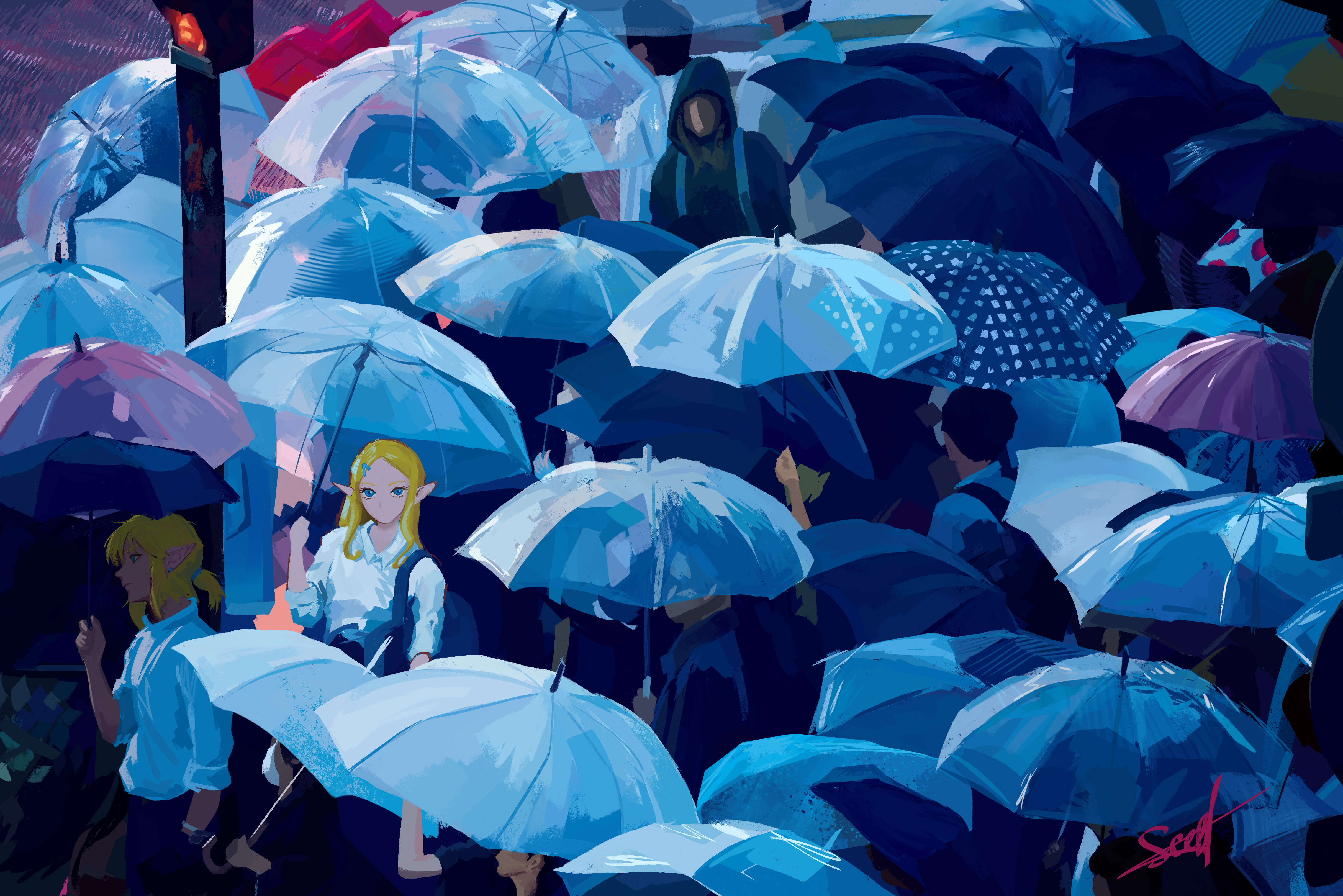 Zelda and Link under umbrellas in the rain HD Wallpaper