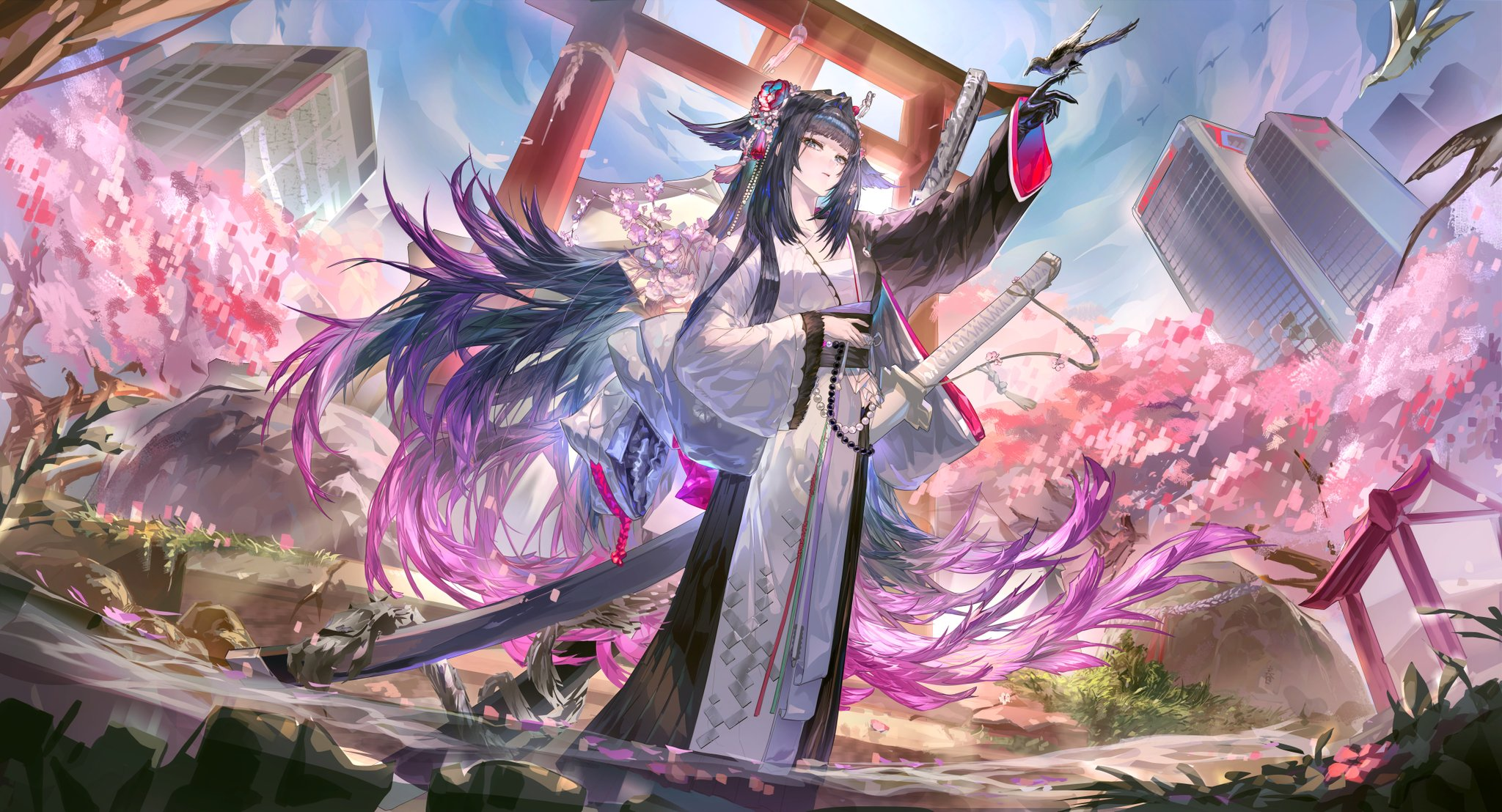 Mio (Arknights) in Japanese Clothes with Cherry Blossoms HD Wallpaper