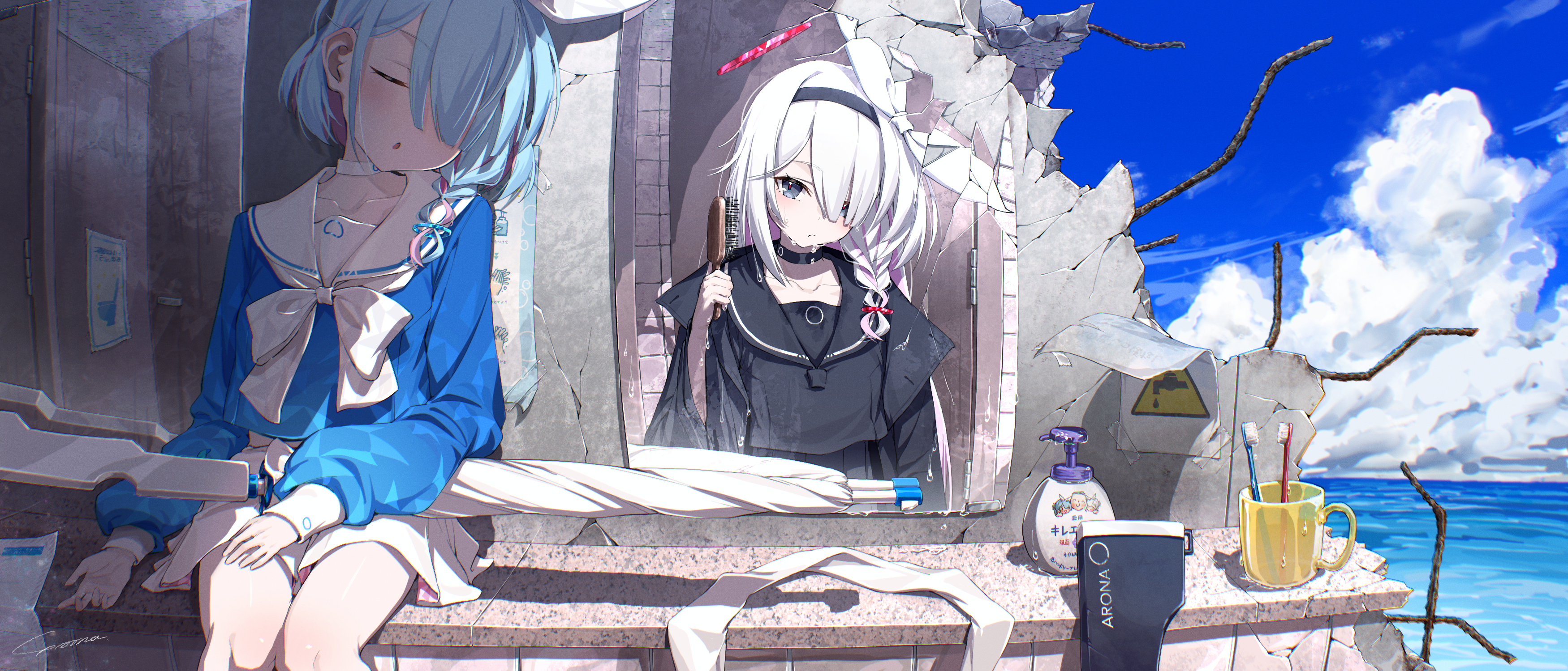 Arona and Plana from Blue Archive in a ruined setting HD Wallpaper