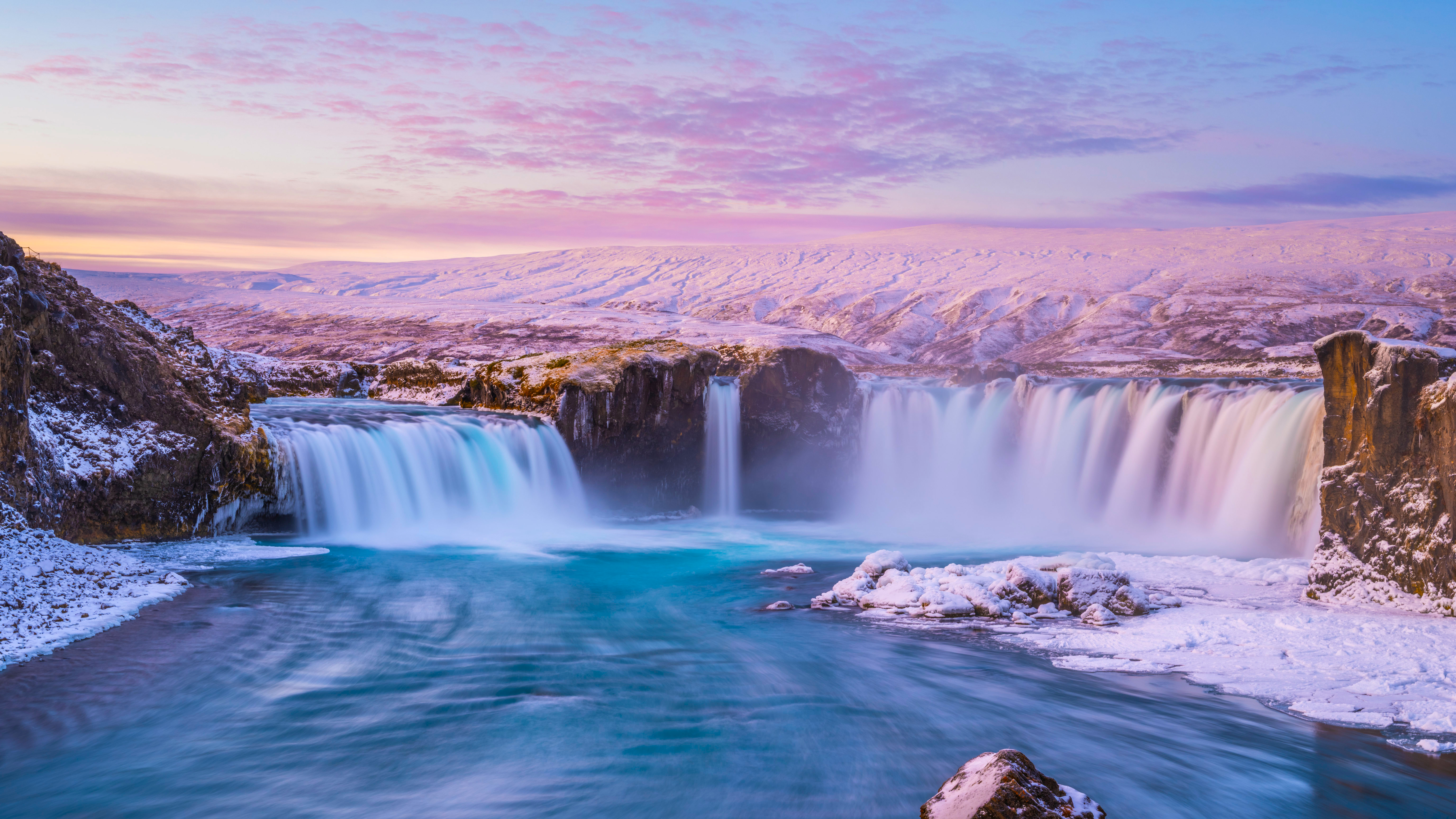 Snowy Waterfall with Pink Clouds at Sunset HD Wallpaper