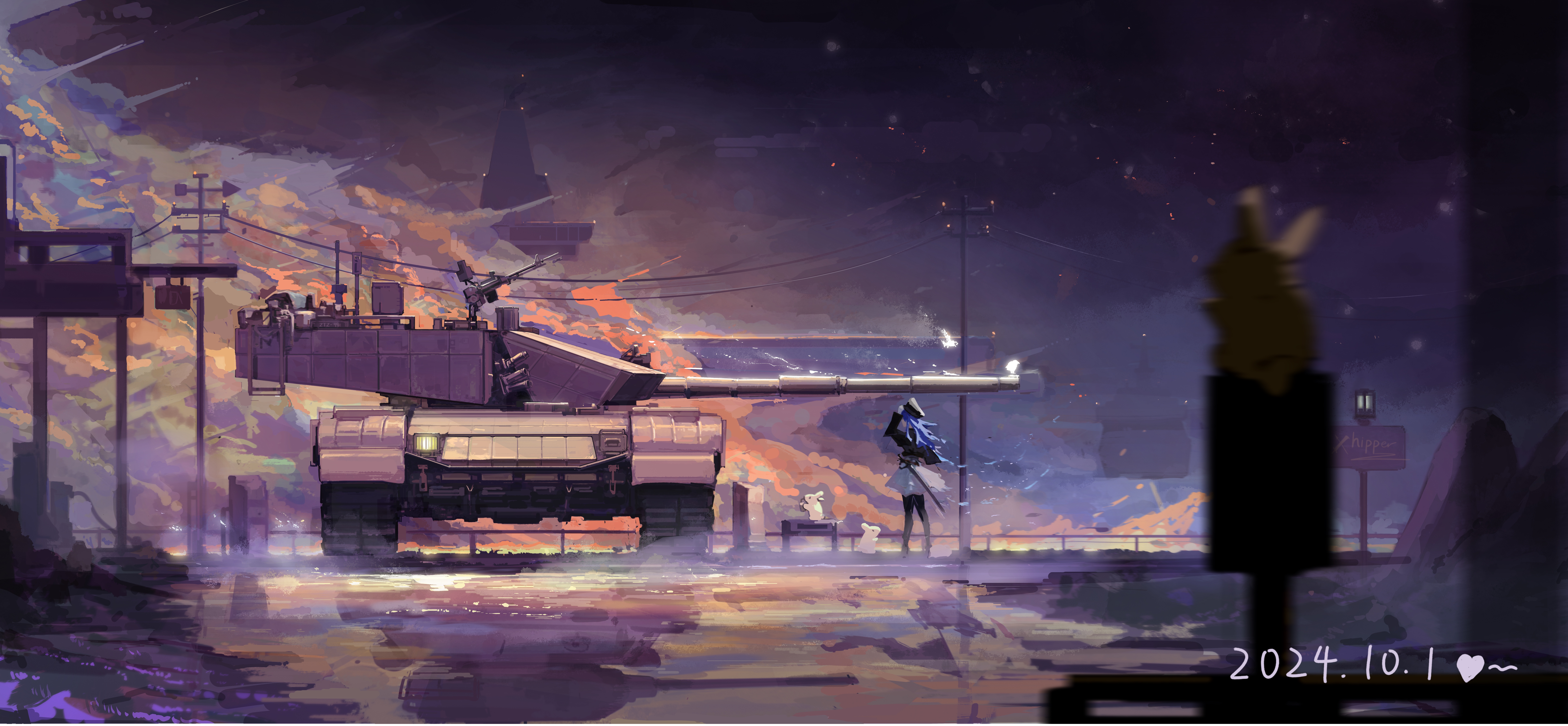 Anime girl with a tank in a futuristic city HD Wallpaper