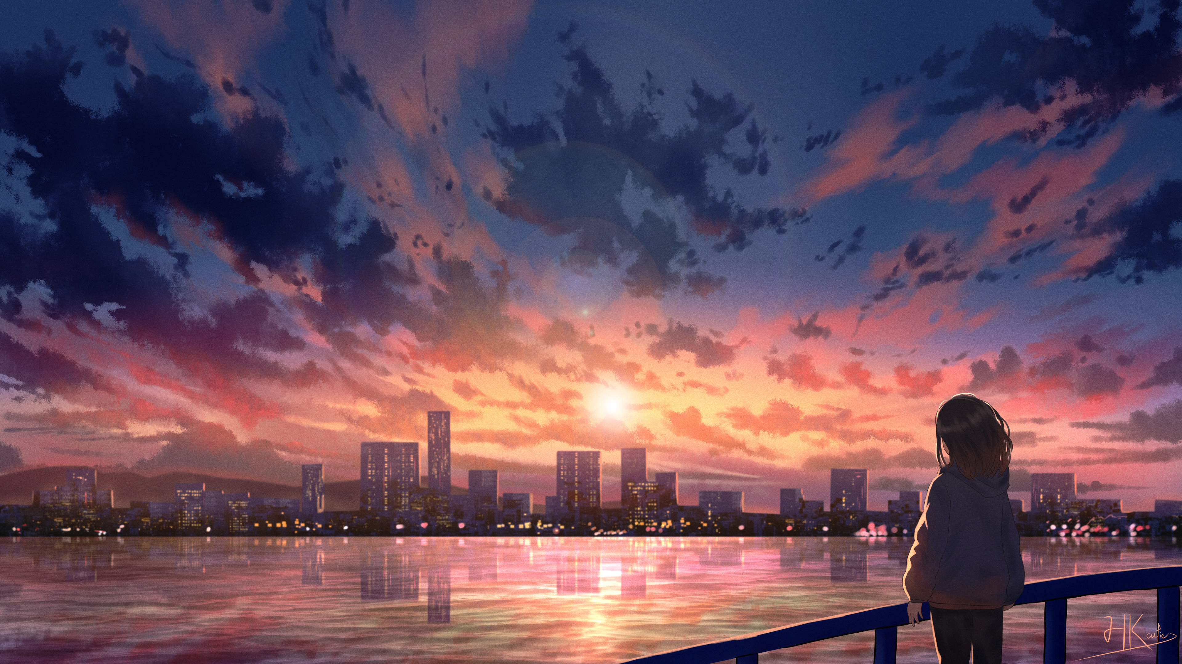 Anime girl looking at a city skyline at sunset HD Wallpaper