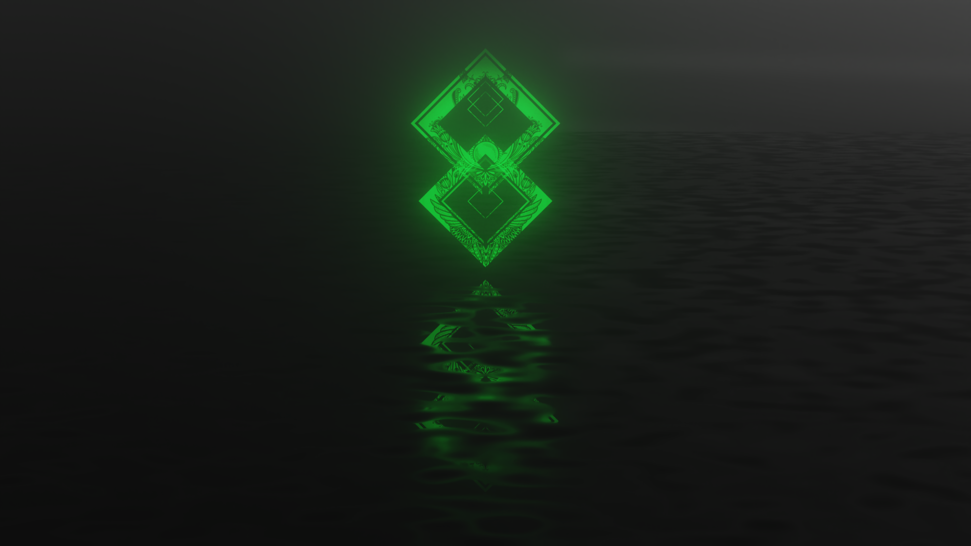 Two glowing green diamonds reflected in dark water HD Wallpaper