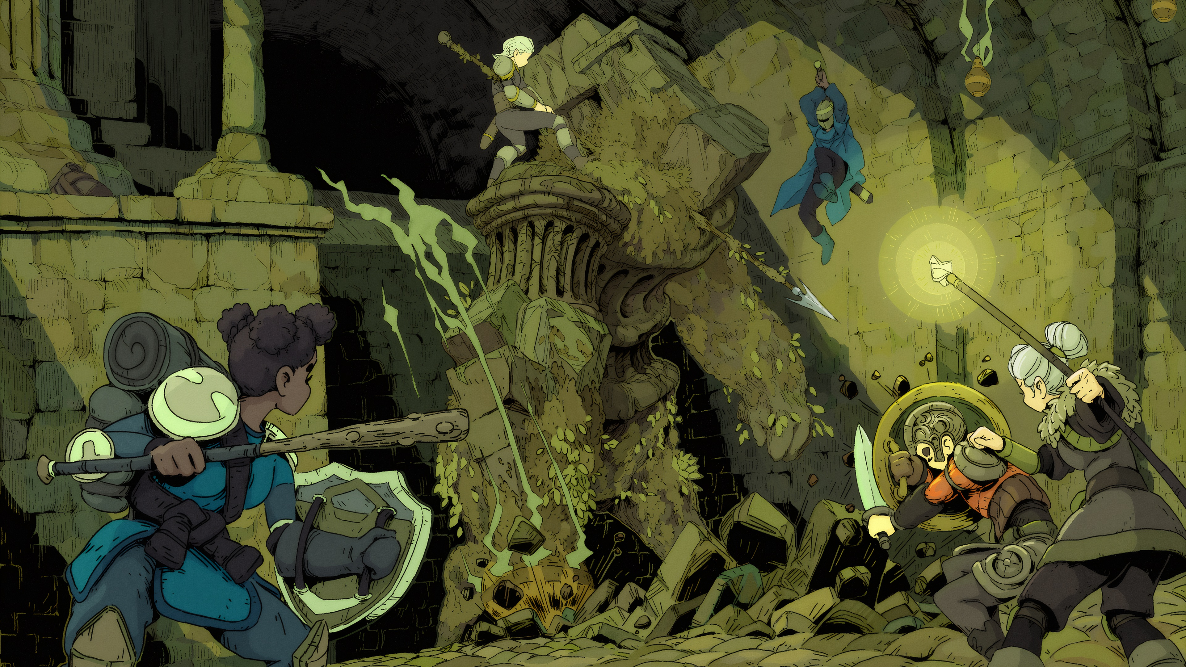 Sorceress and fantasy characters fight a stone creature in ruins HD Wallpaper