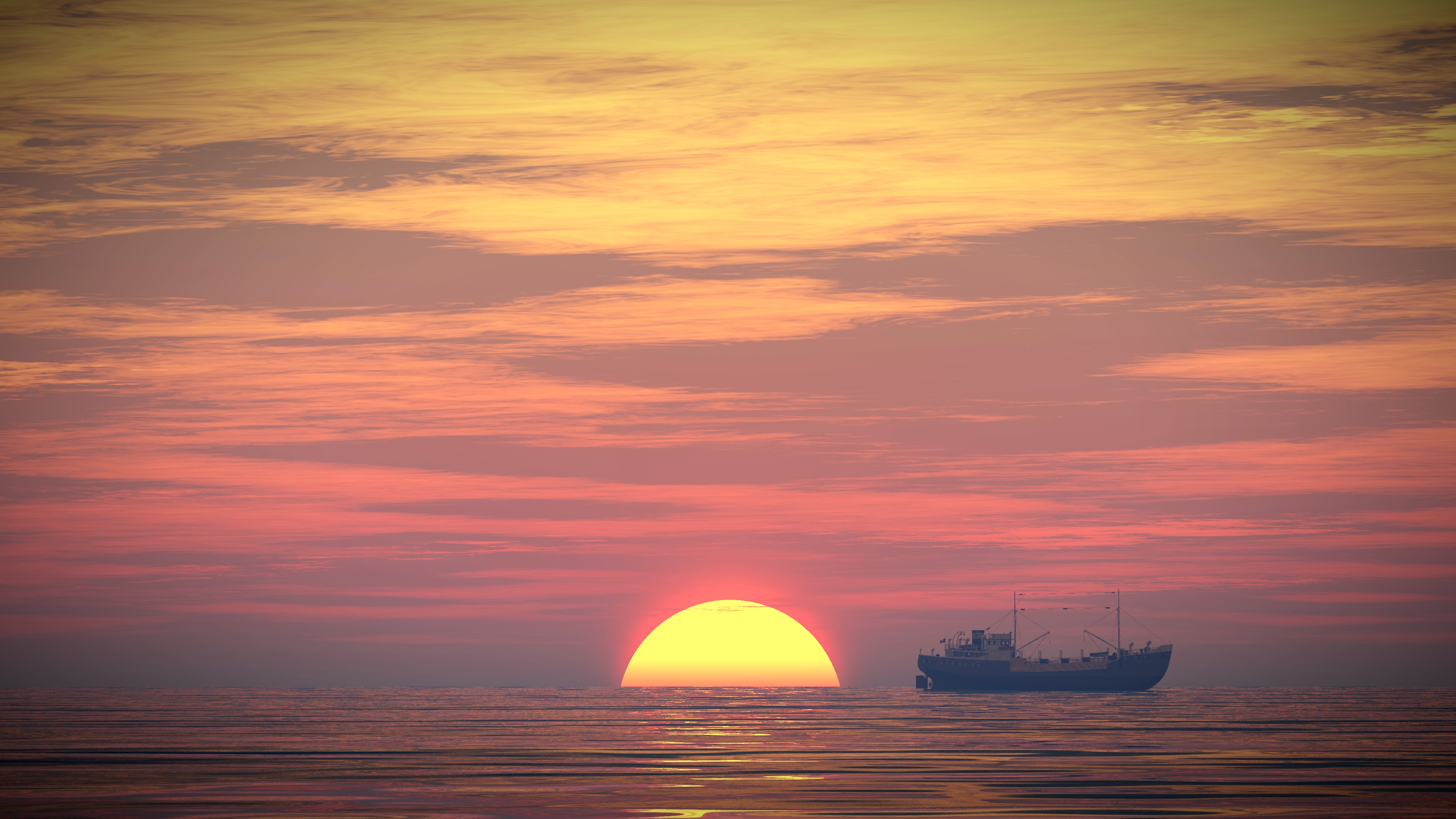 Ship sailing on the ocean during a vibrant sunset HD Wallpaper