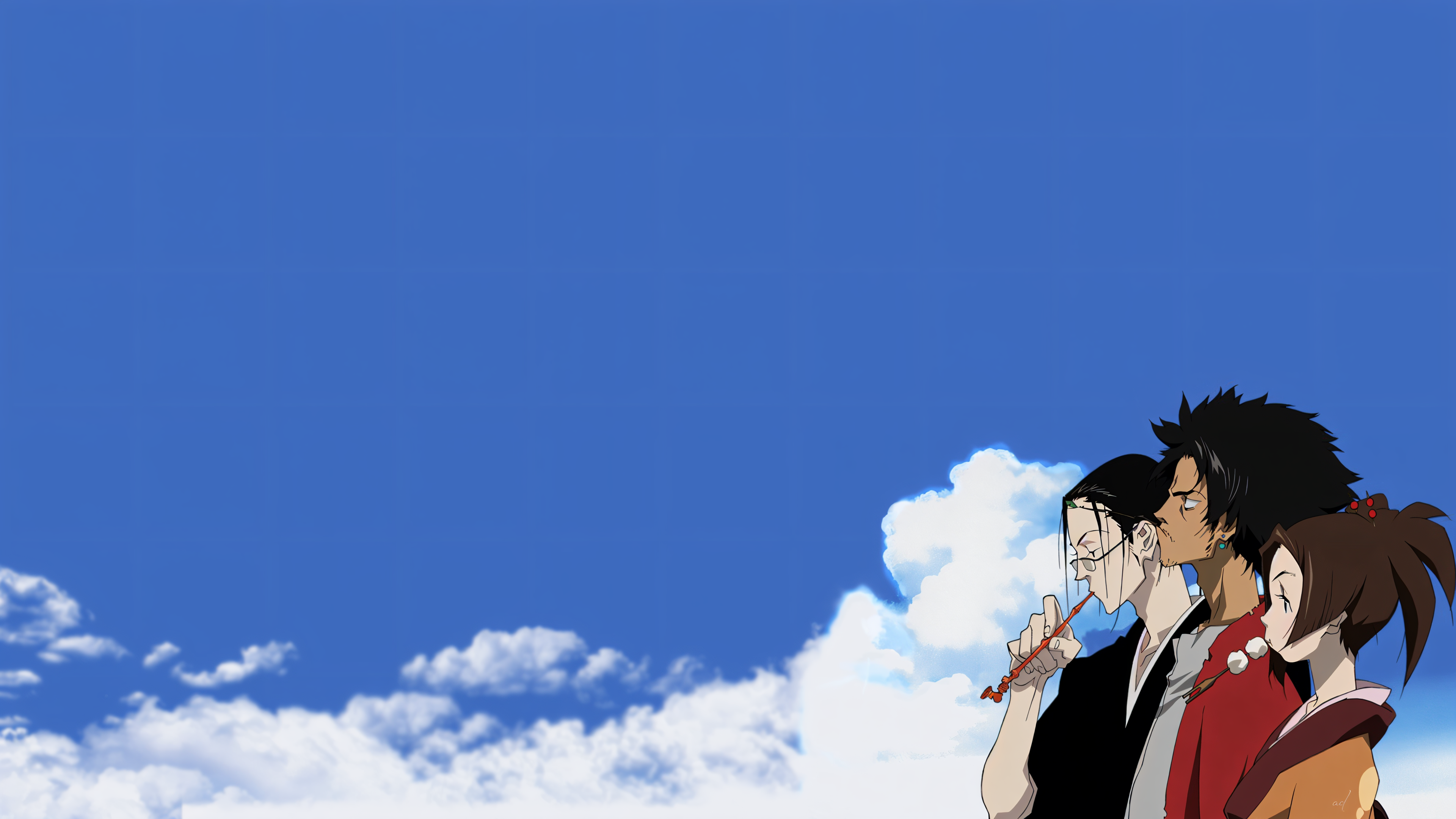 Samurai Champloo characters Mugen, Jin, and Fuu against the sky HD Wallpaper