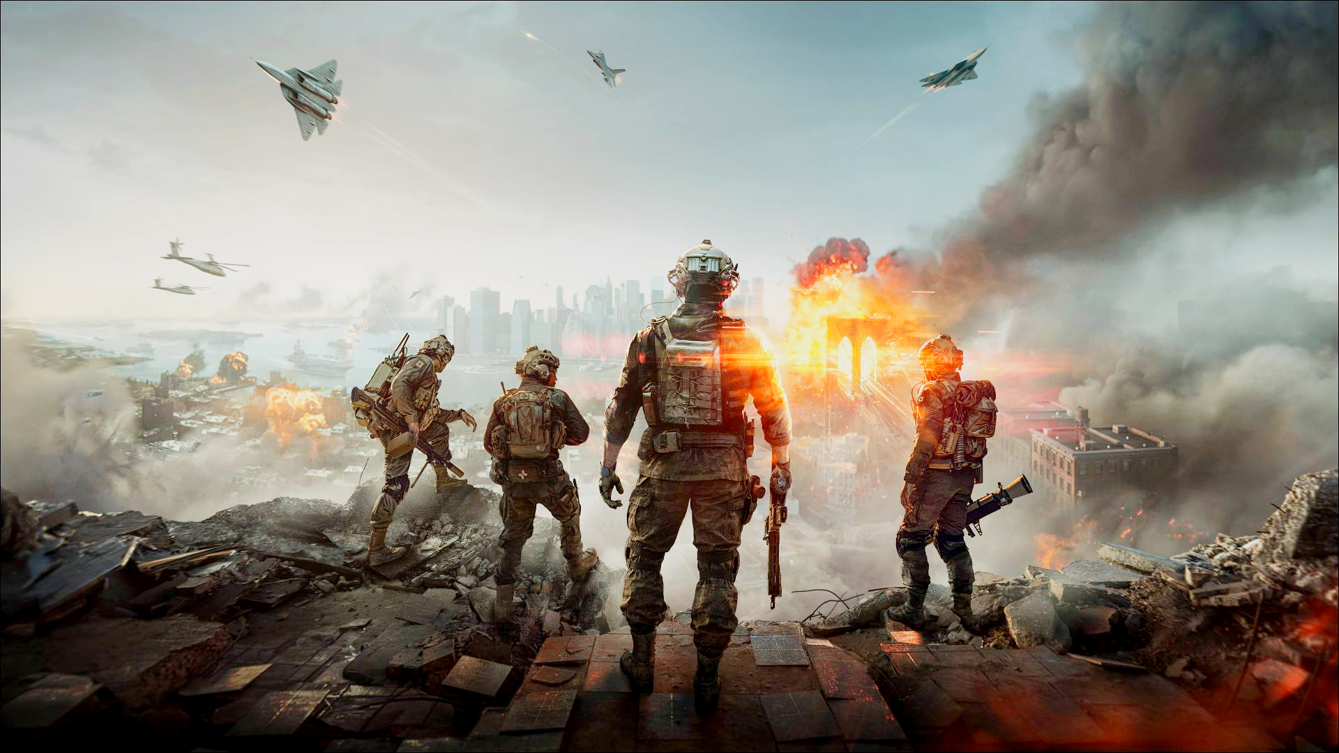 Battlefield soldiers overlooking a burning city with aircraft HD Wallpaper