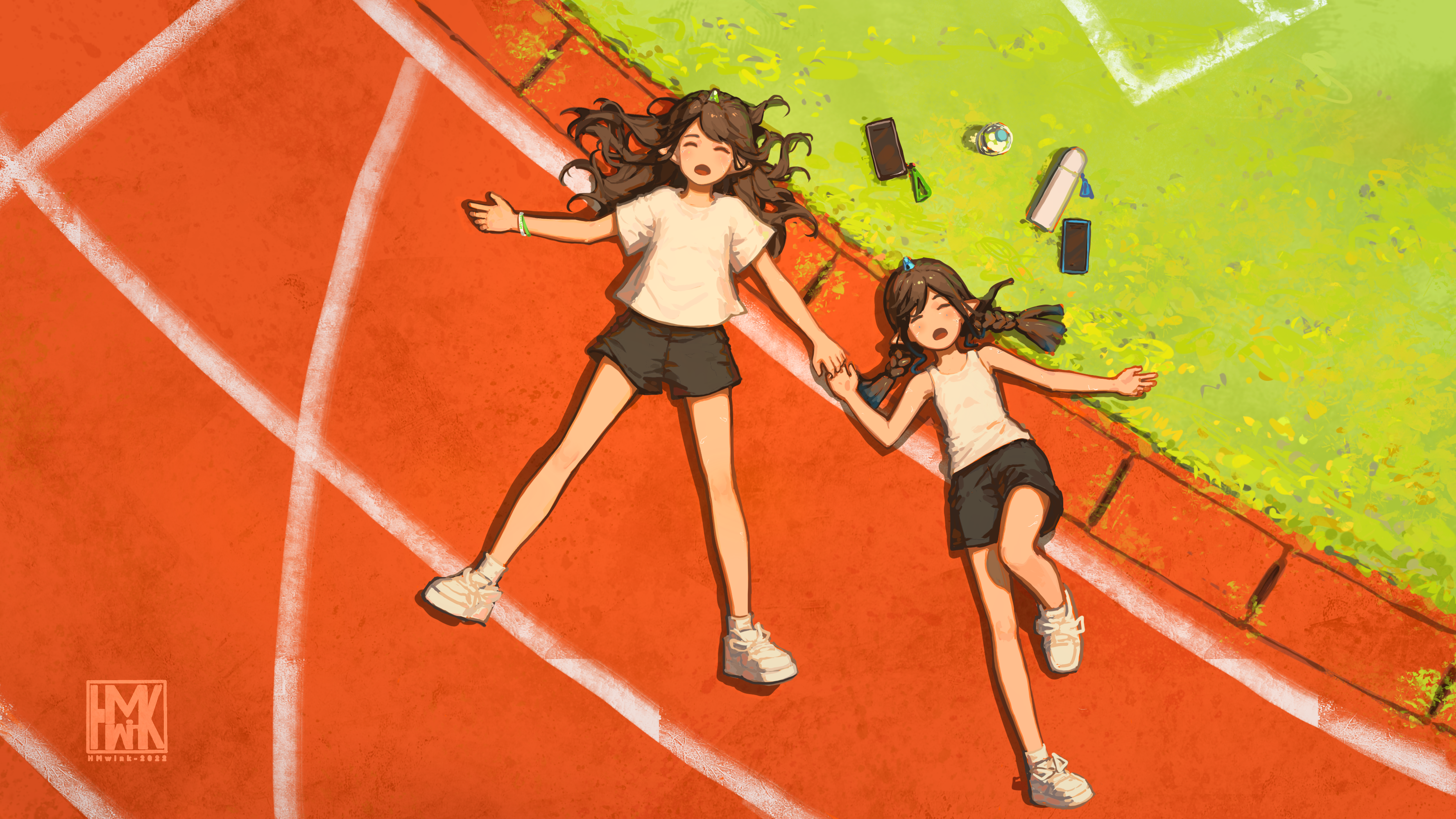 Anime girls lying on a running track HD Wallpaper