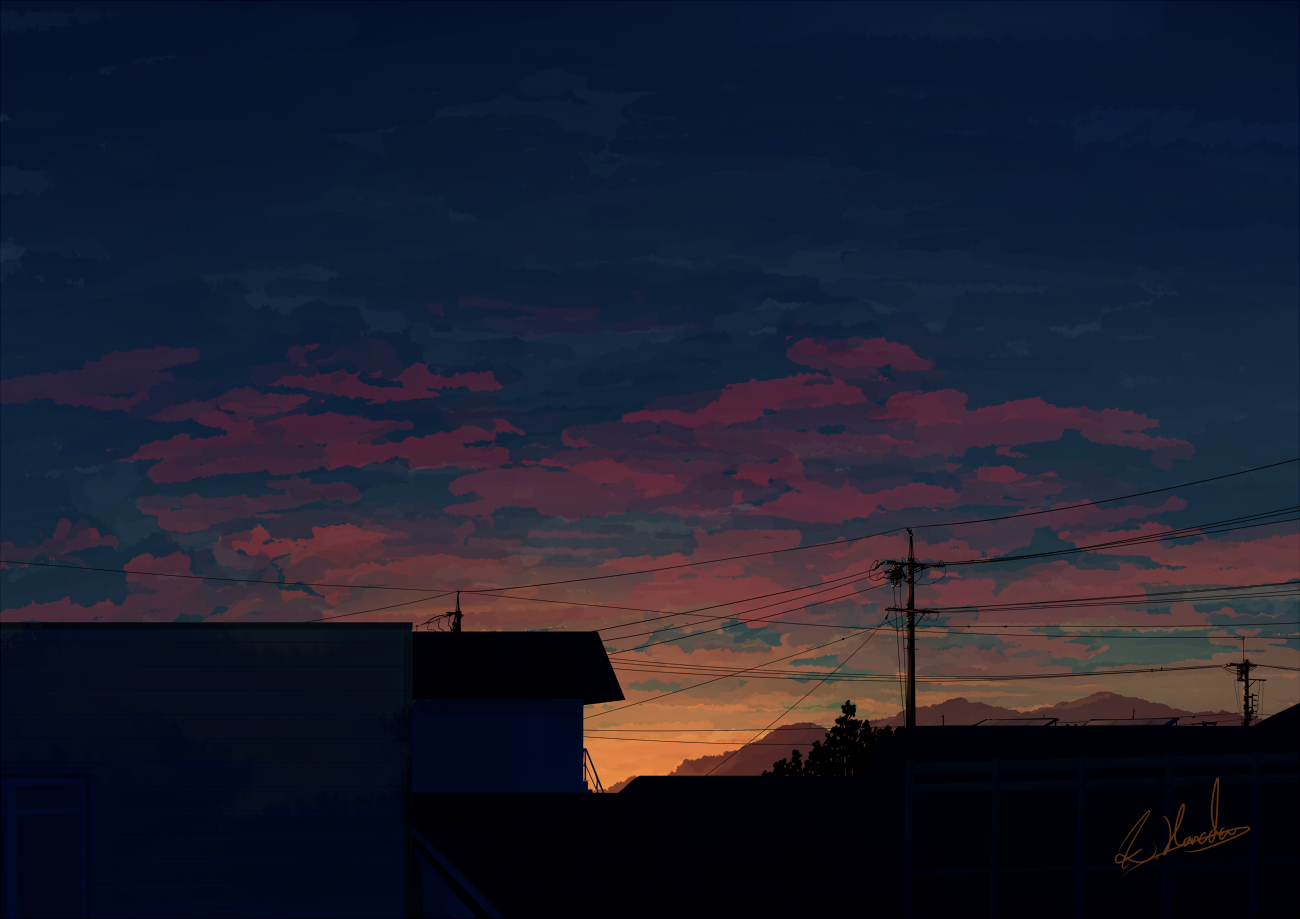 Sunset over rooftops with mountains and power lines HD Wallpaper