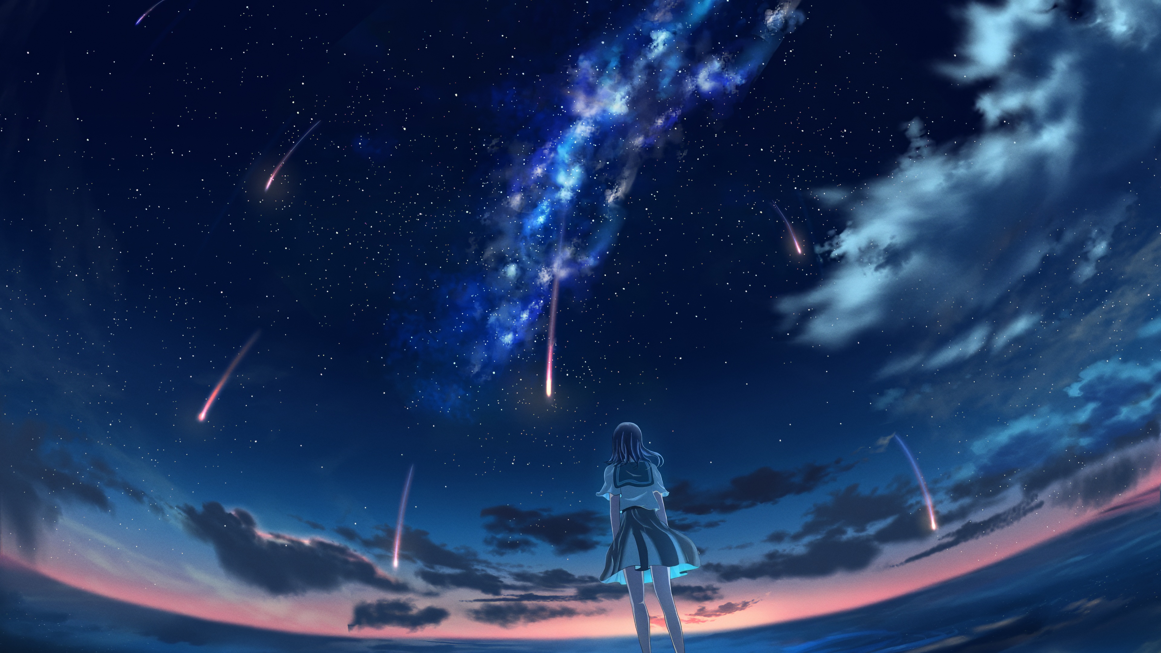 Girl watches meteor shower in starry night sky HD Wallpaper