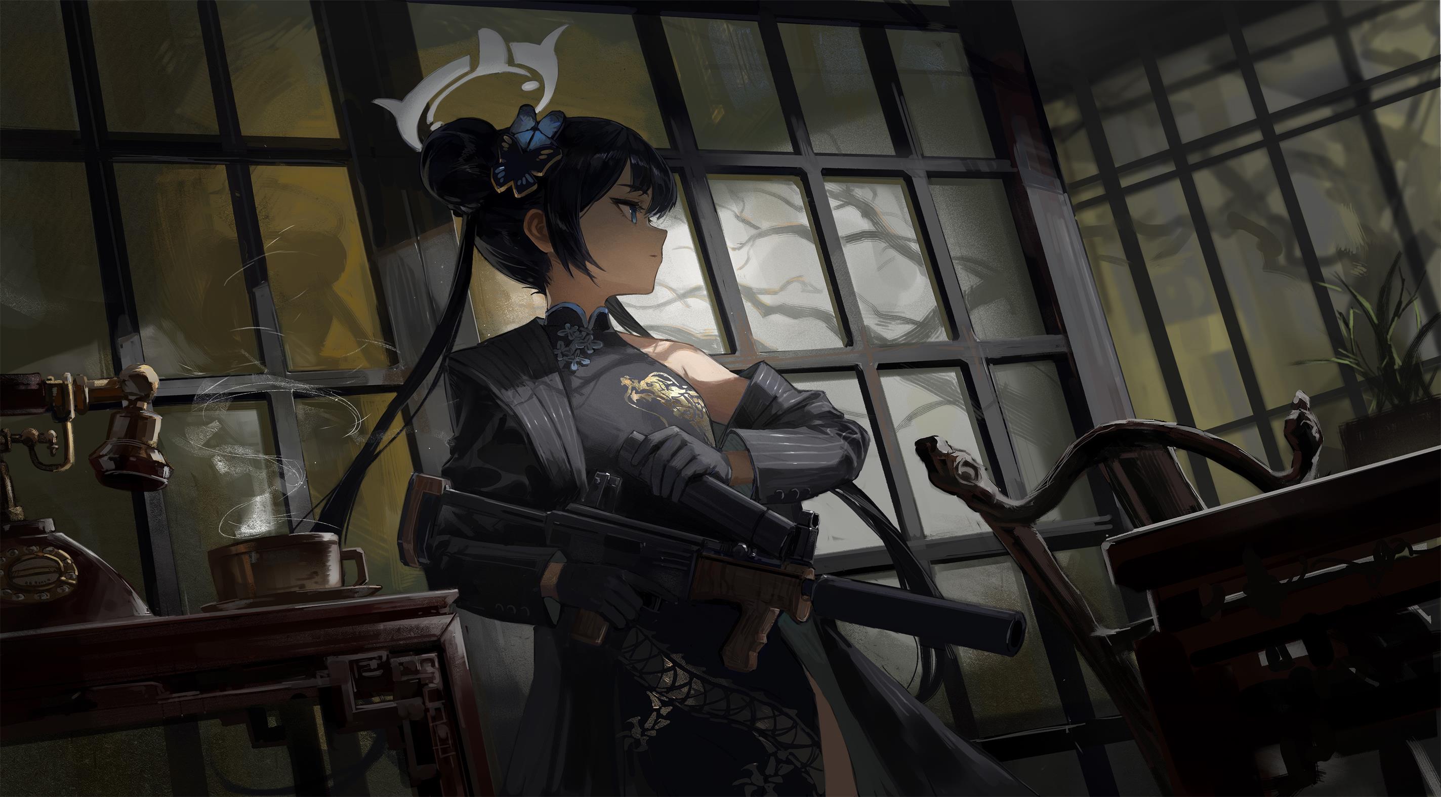 Kisaki (Blue Archive) with a gun in a Chinese dress HD Wallpaper