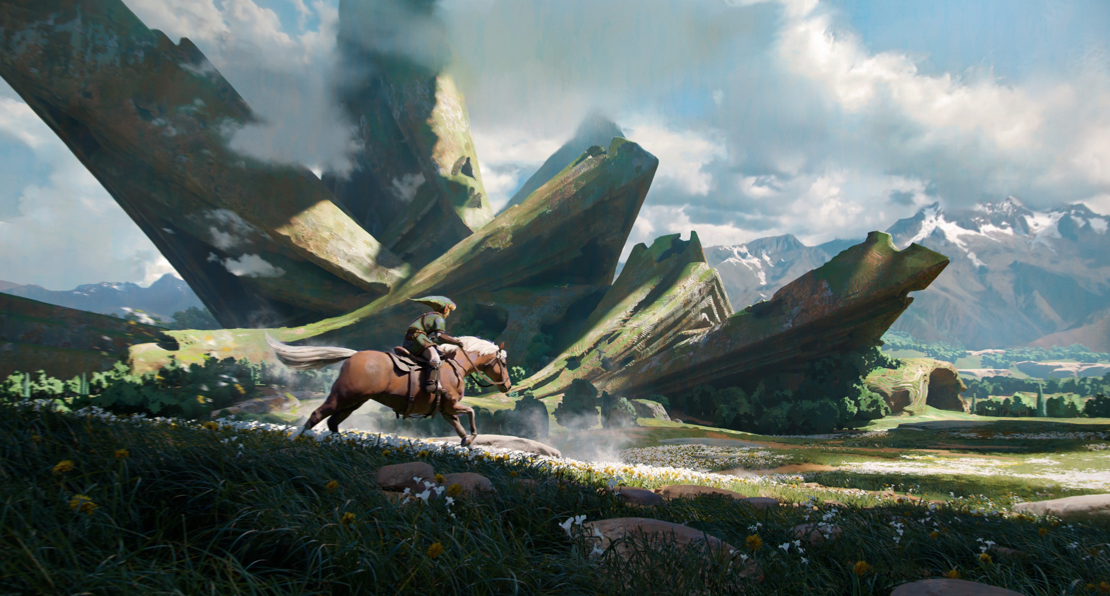 The Legend of Zelda: Link rides a horse through a fantasy landscape HD Wallpaper