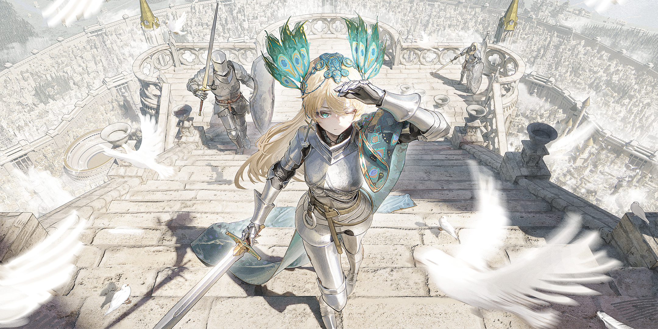 Anime girl knight with sword and birds HD Wallpaper