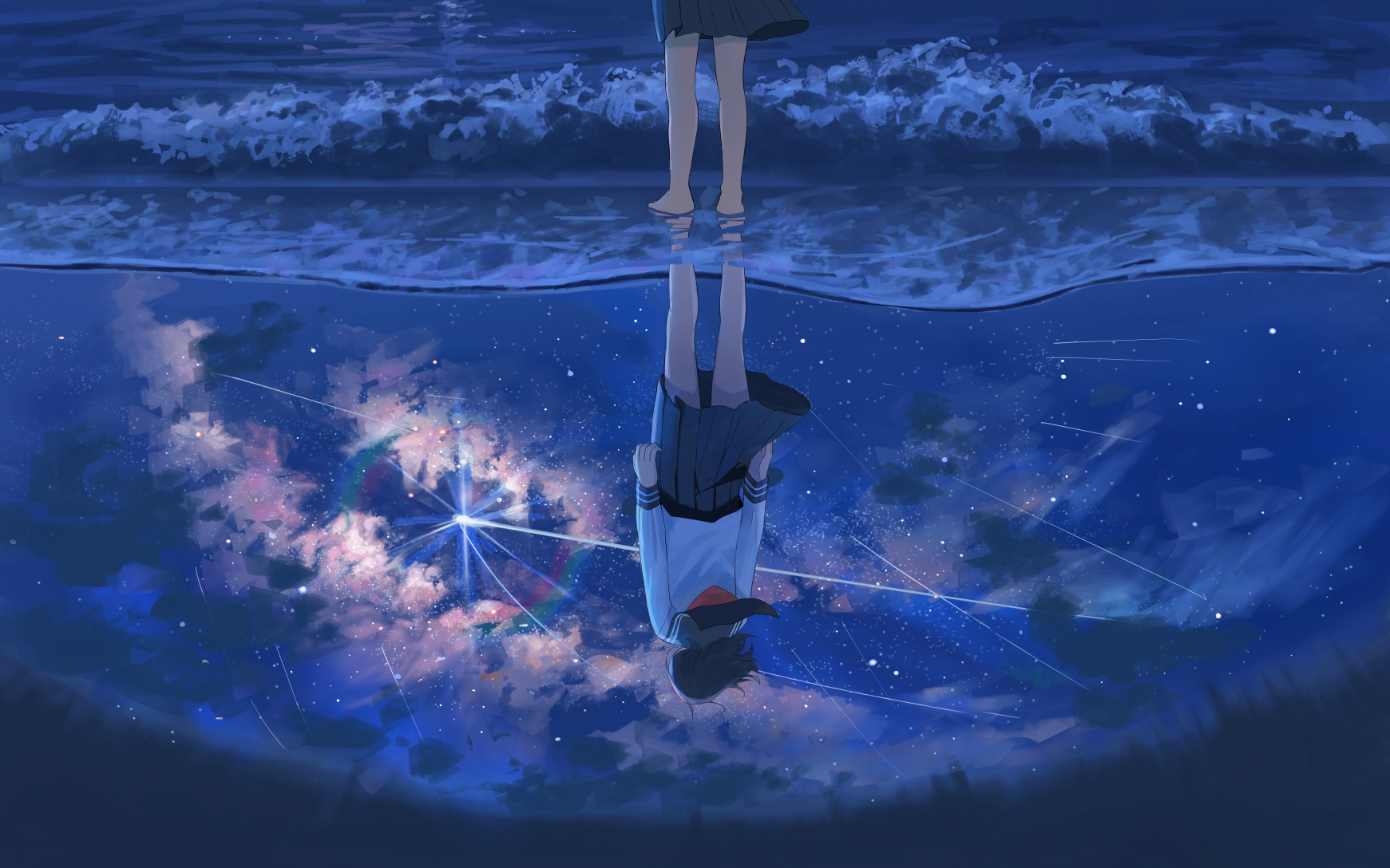 Anime girl reflected in starry ocean HD Wallpaper
