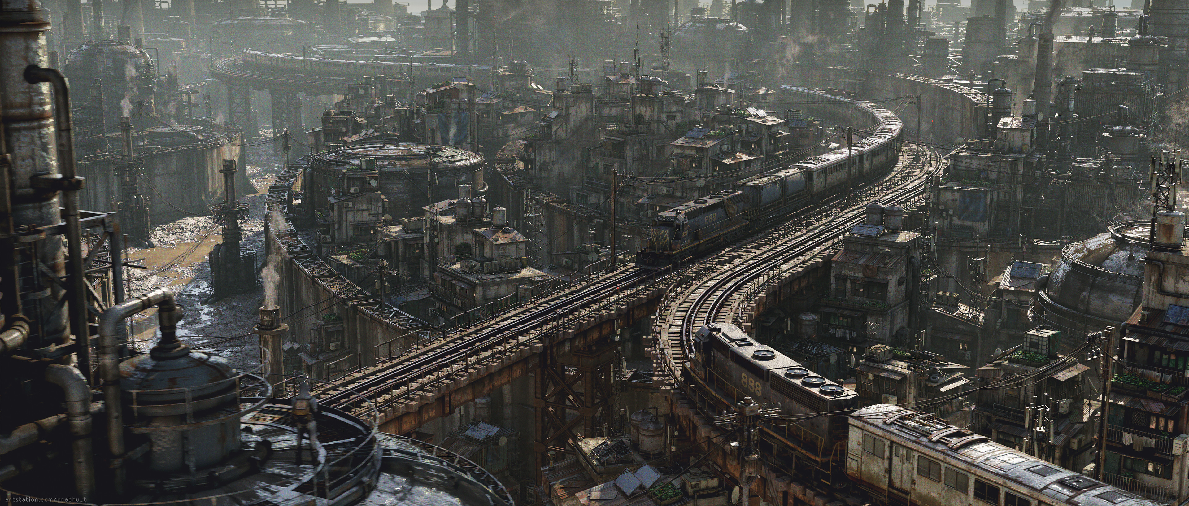 Steampunk City with Trains and Architecture HD Wallpaper