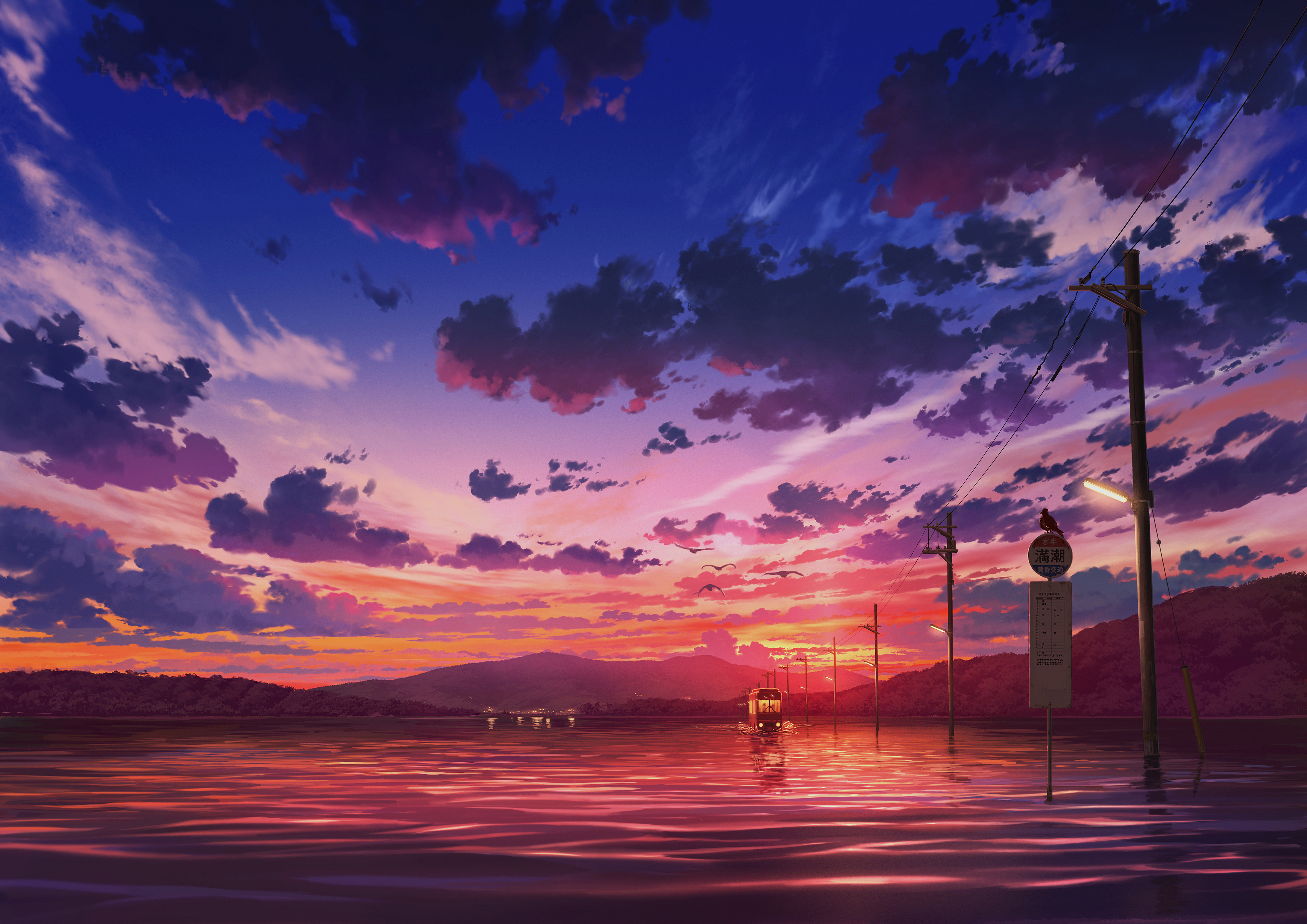 Anime Sunset Over Water with Clouds and Telephone Poles HD Wallpaper