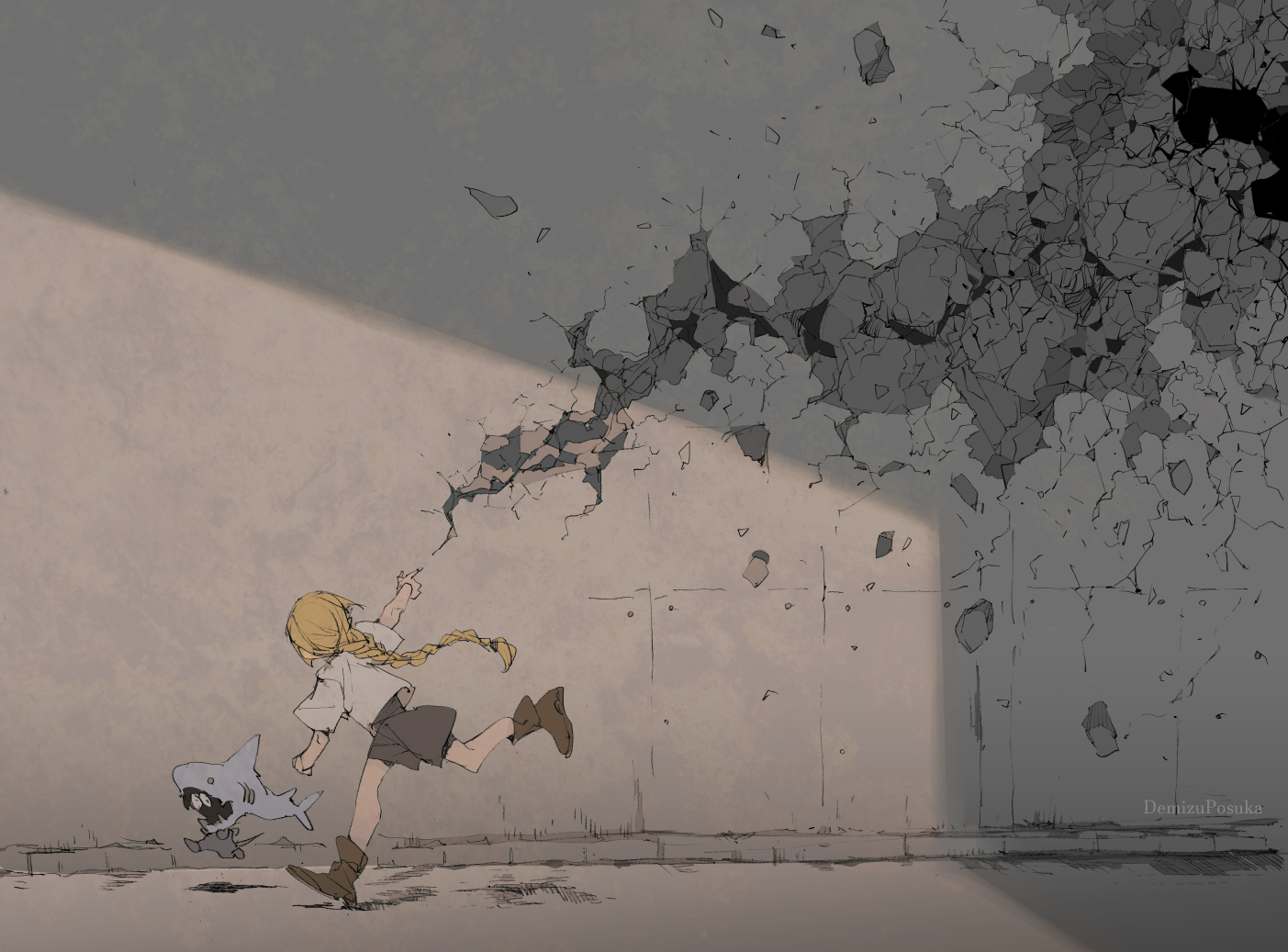 Anime girl with pet running past a cracked wall HD Wallpaper