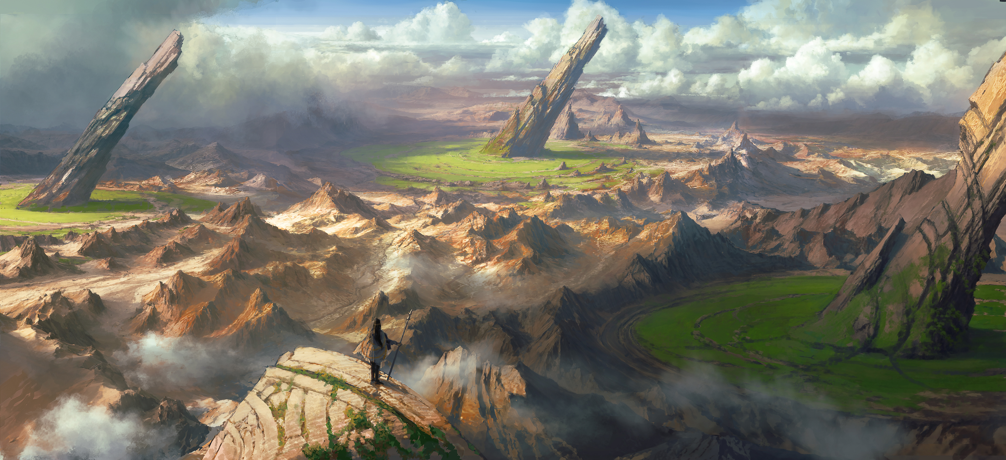 Figure overlooks a vast, rocky, mountainous landscape with green plains HD Wallpaper