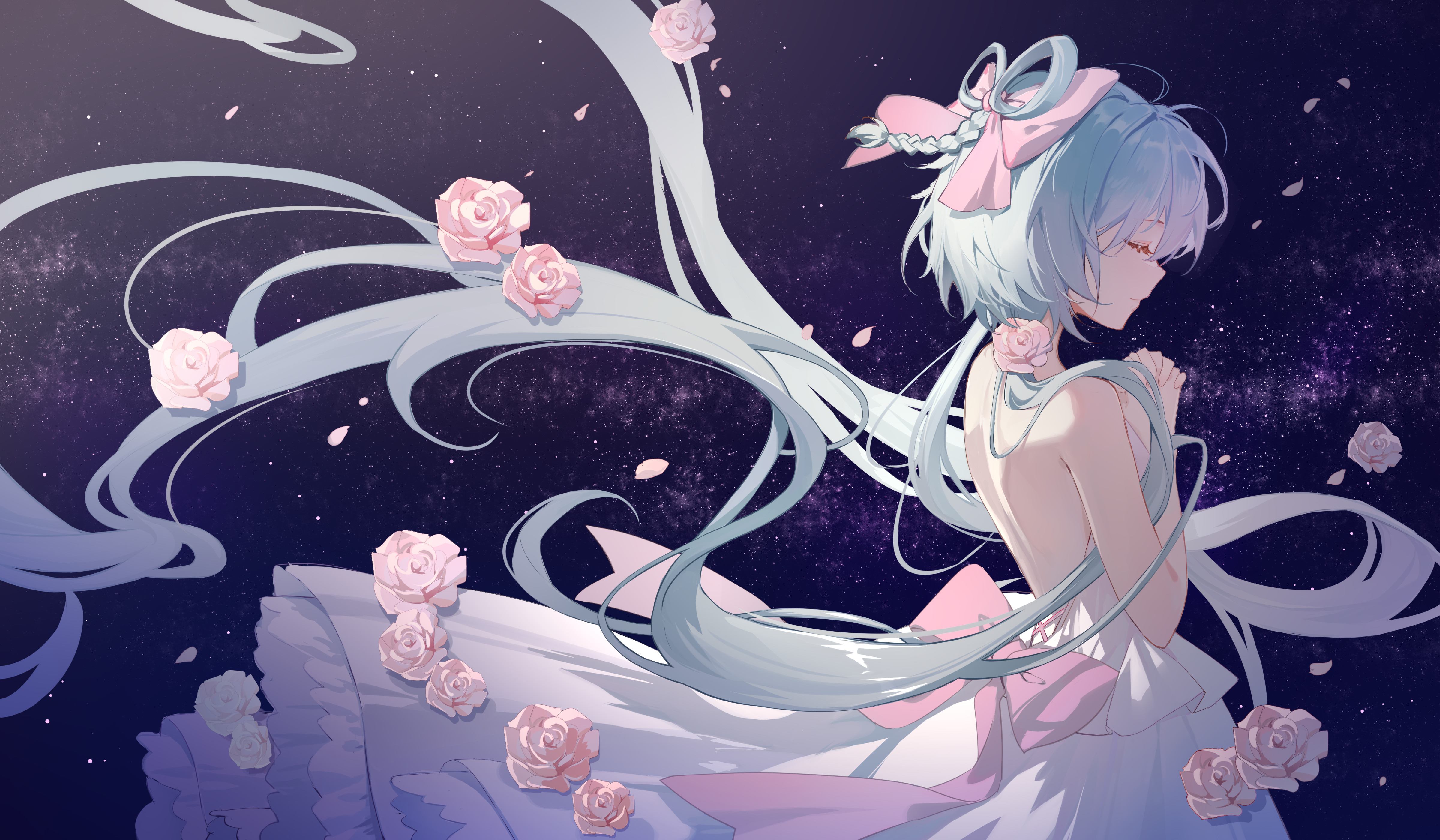 Vsinger anime girl with flowers and long hair HD Wallpaper