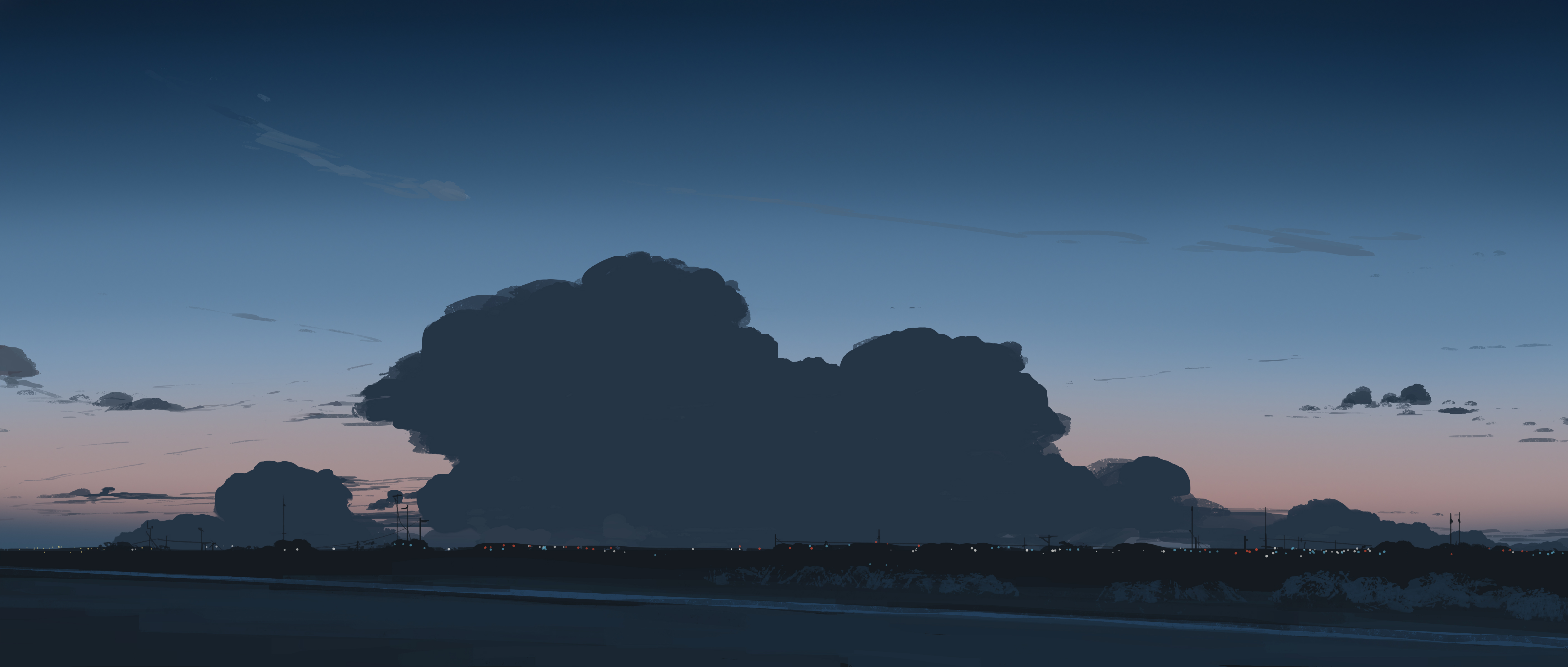 Dark clouds over a distant landscape at dusk HD Wallpaper