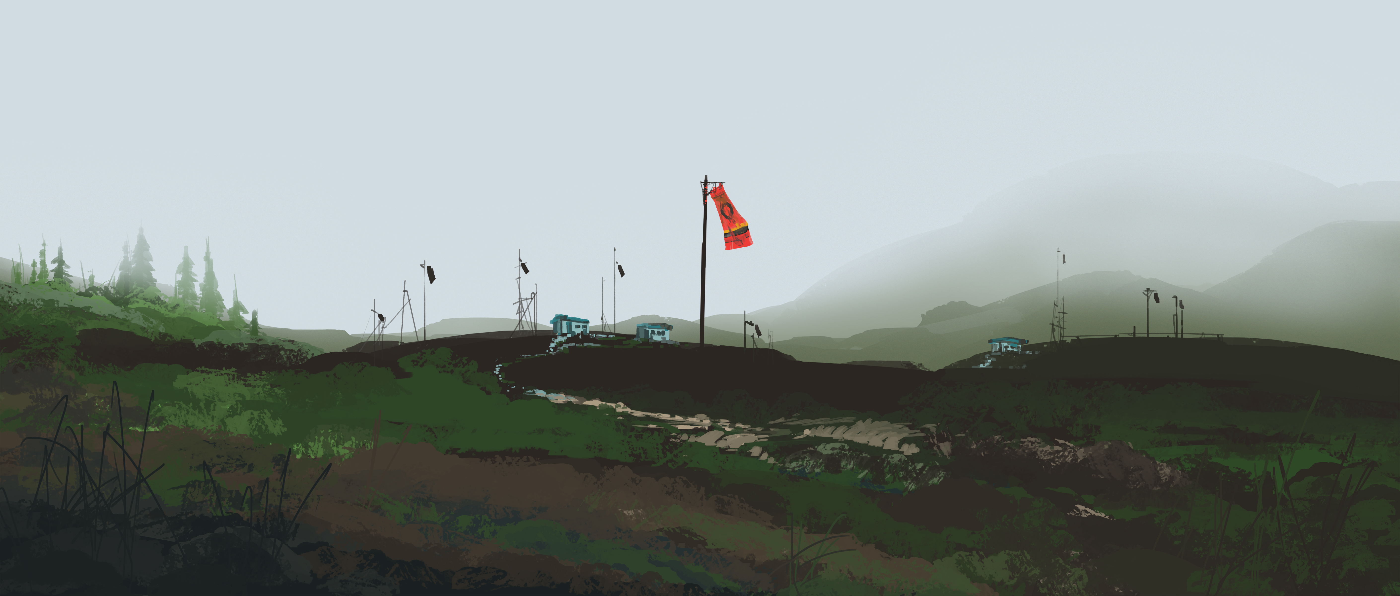 Digital painting of a remote outpost with a flag HD Wallpaper