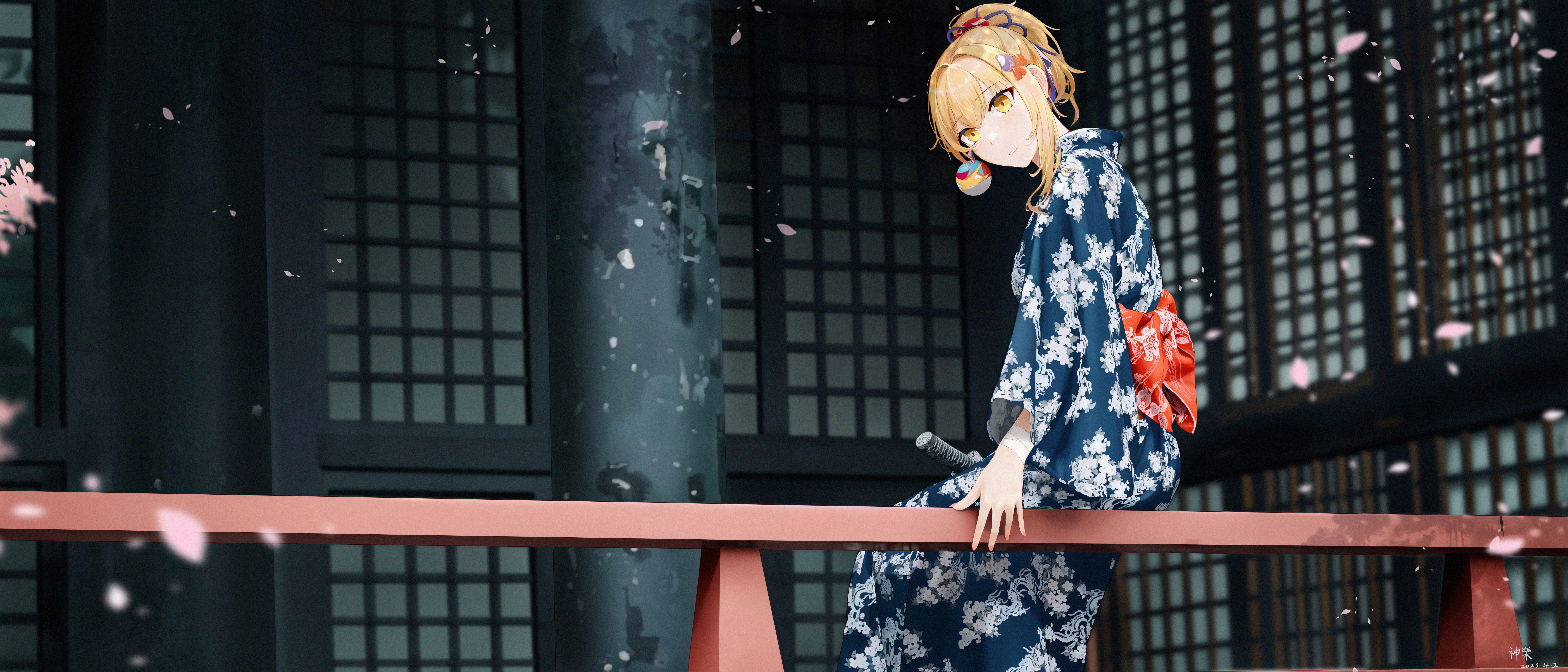 Yoimiya (Genshin Impact) in a blue kimono sitting on a railing HD Wallpaper