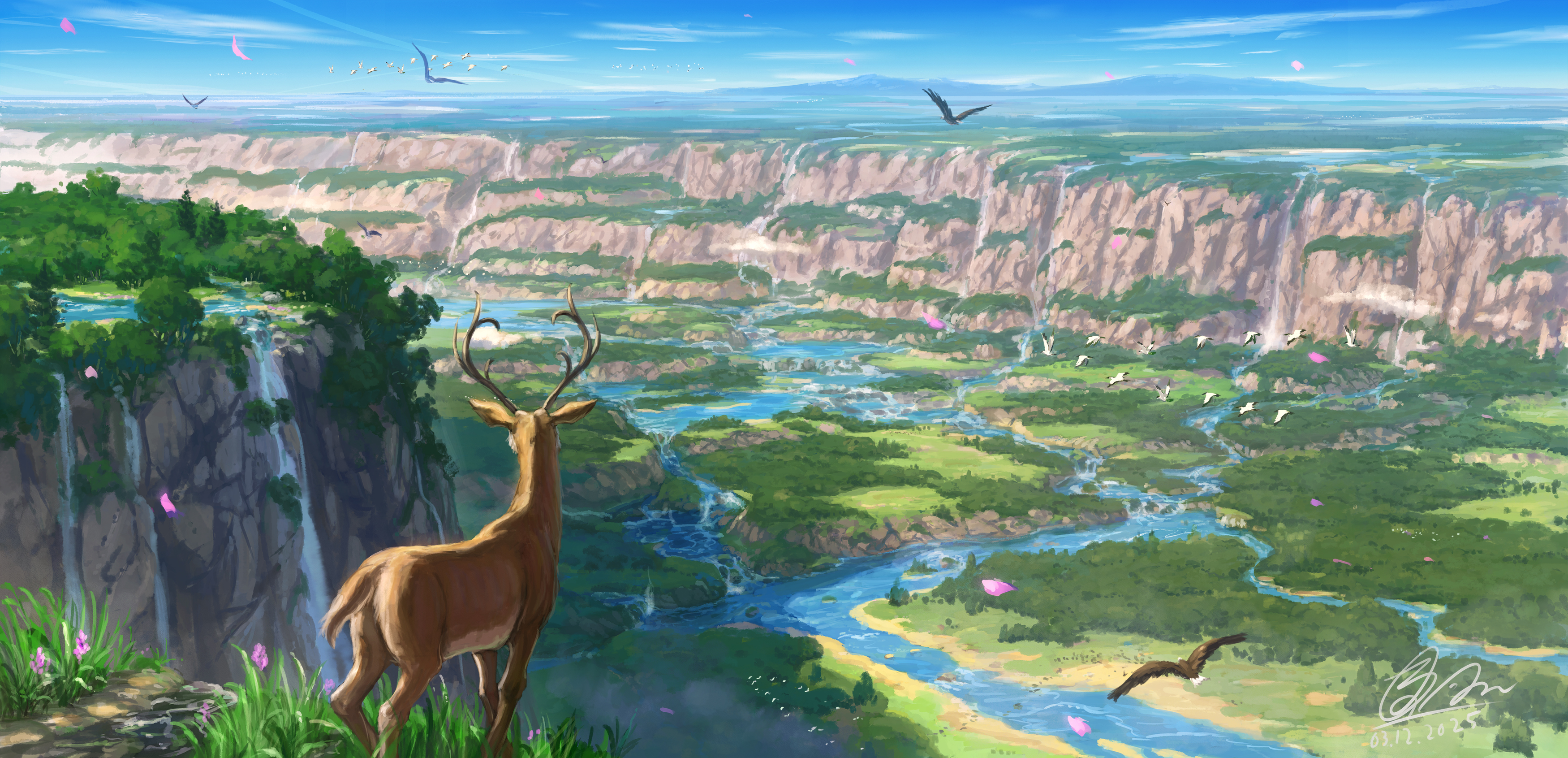 Scenery of a canyon with a deer and birds HD Wallpaper