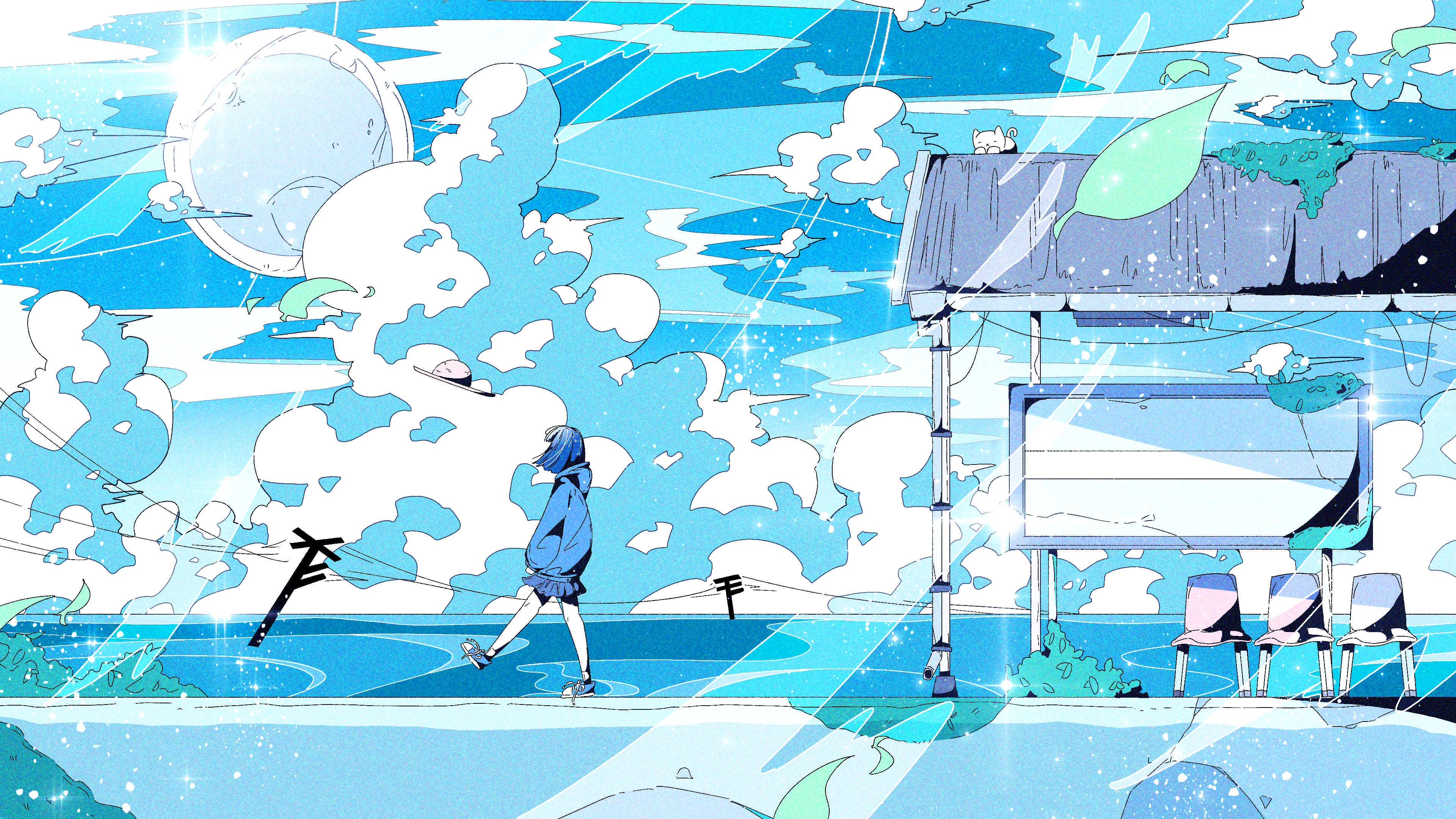 Anime girl walking by a bus stop with a large moon HD Wallpaper