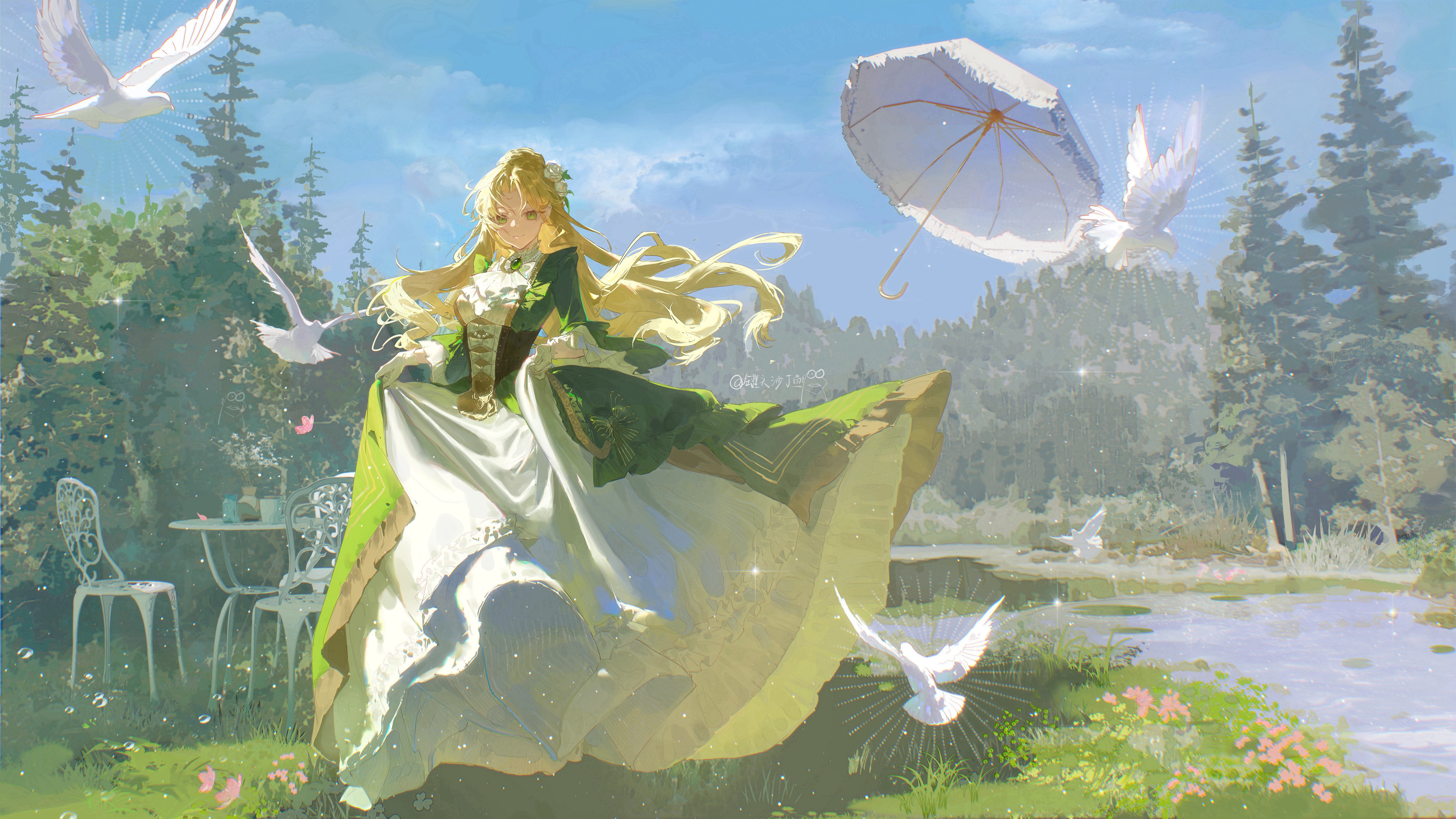 Audrey (Lord of the Mysteries) in a green dress with doves HD Wallpaper
