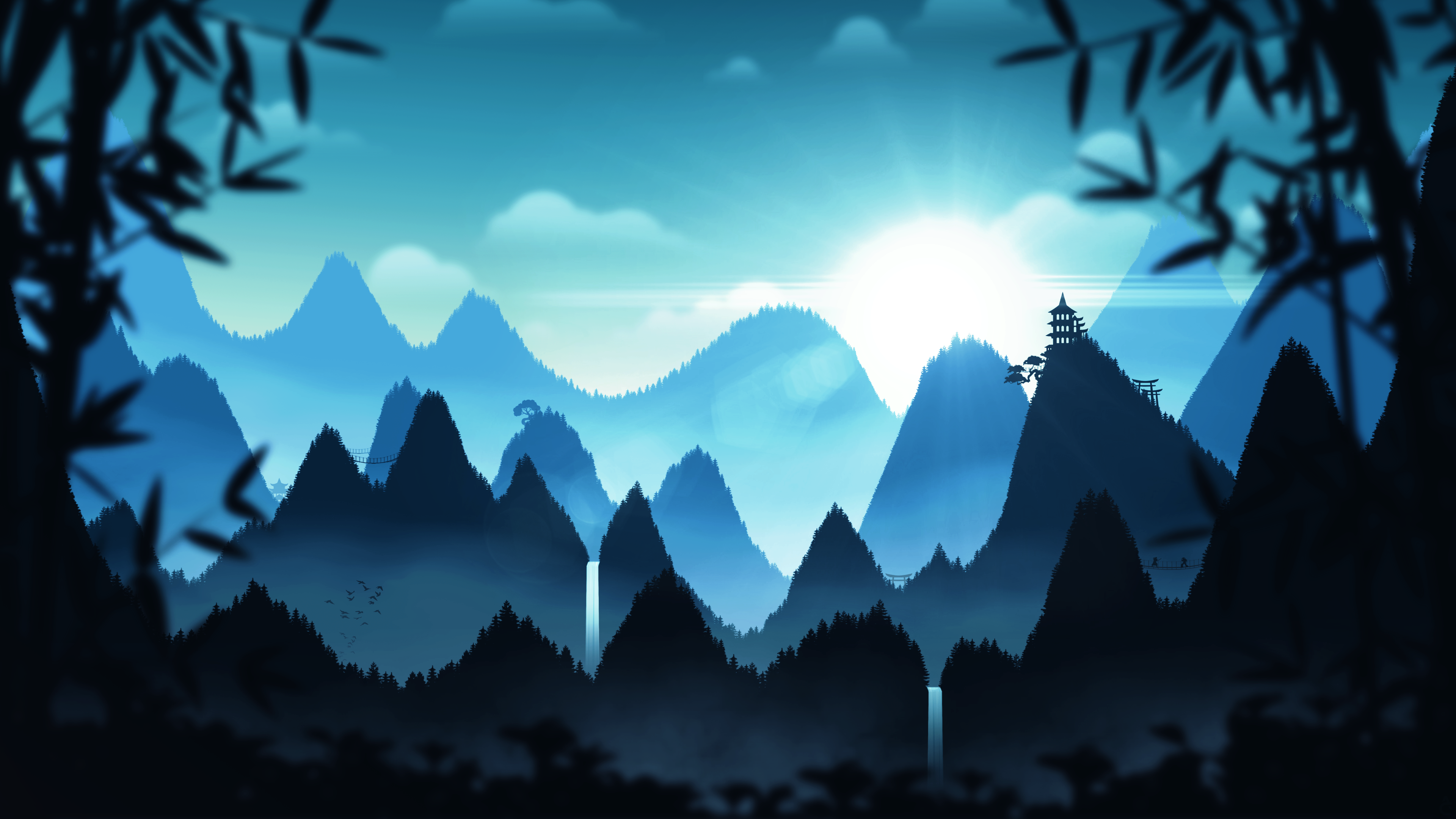 Digital painting of a misty mountain range at sunrise HD Wallpaper