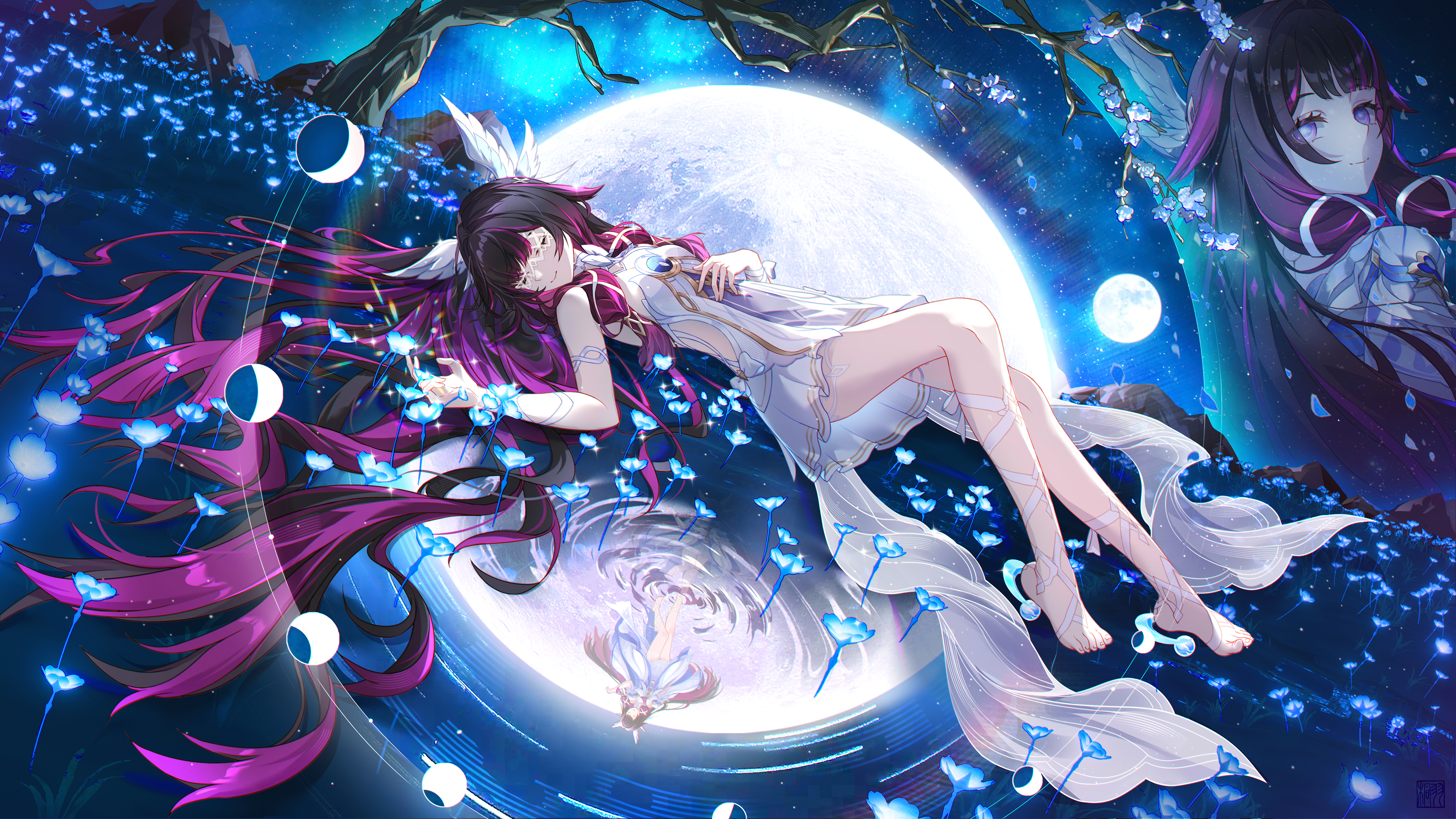 Columbina (Genshin Impact) sleeping under the moon HD Wallpaper